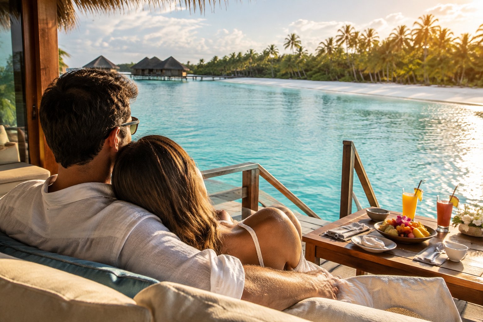 A newlywed couple relaxes beside a tropical lagoon at a resort.