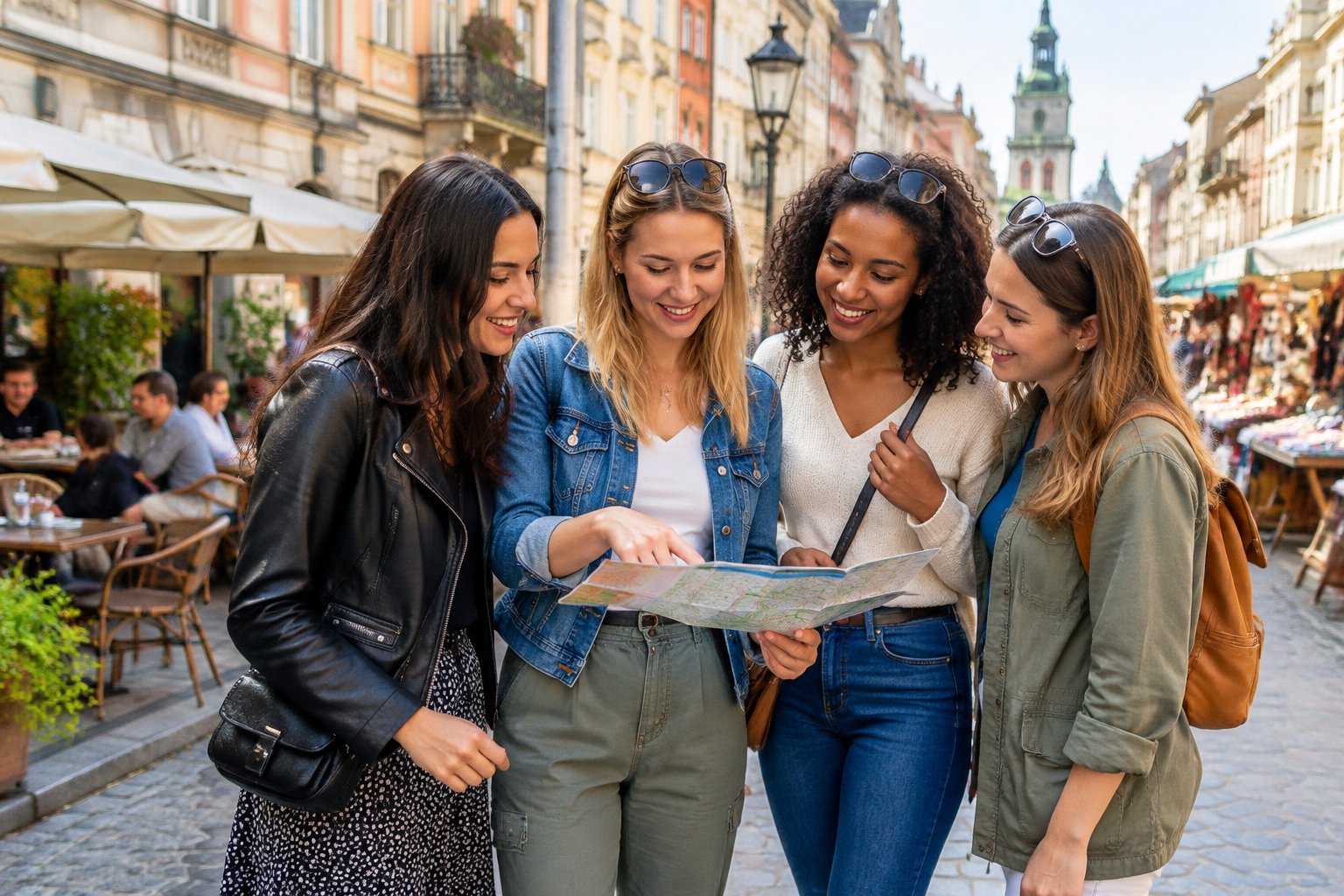 Four friends explore a European city street together.