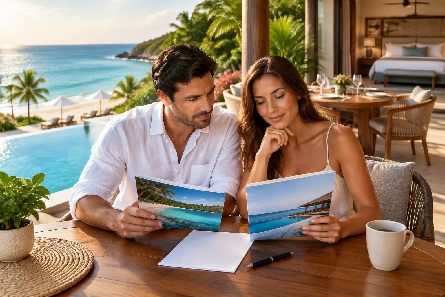 A couple compares resort brochures on a terrace overlooking the ocean.