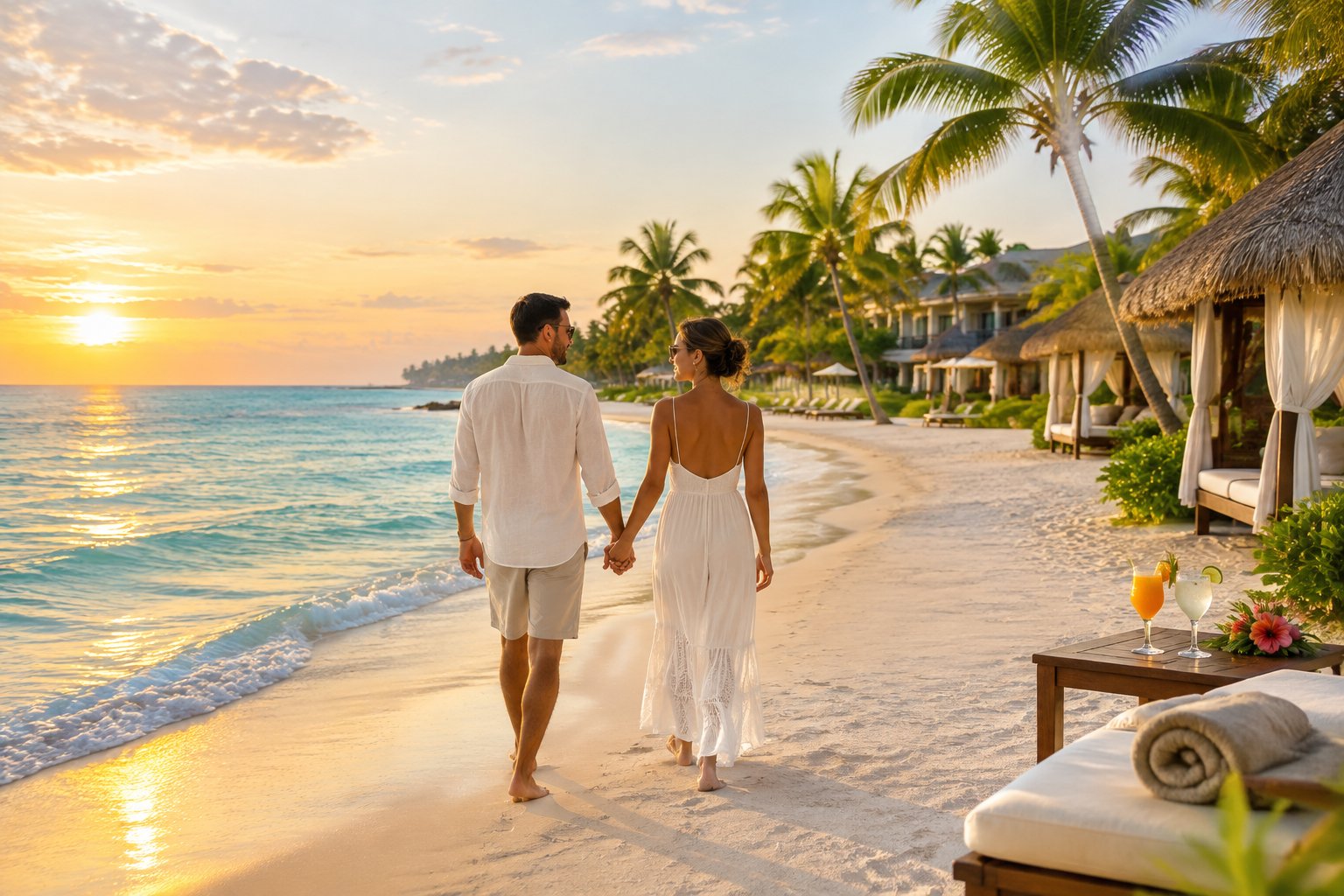 A couple walks hand in hand along a Caribbean beach beside a resort.