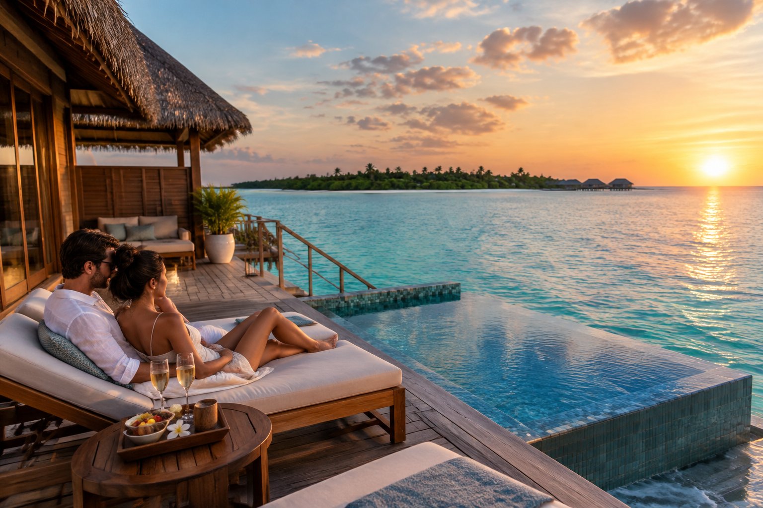 A couple relaxes on an overwater villa deck above turquoise water at sunset.