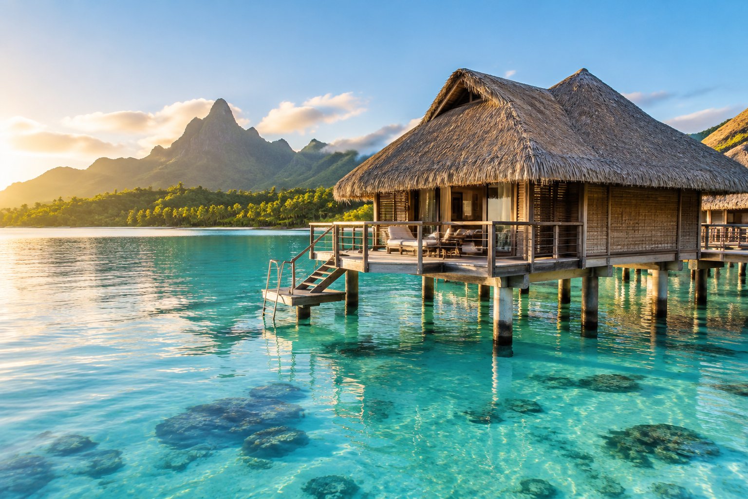 An overwater bungalow stands above a turquoise lagoon beside a tropical island.