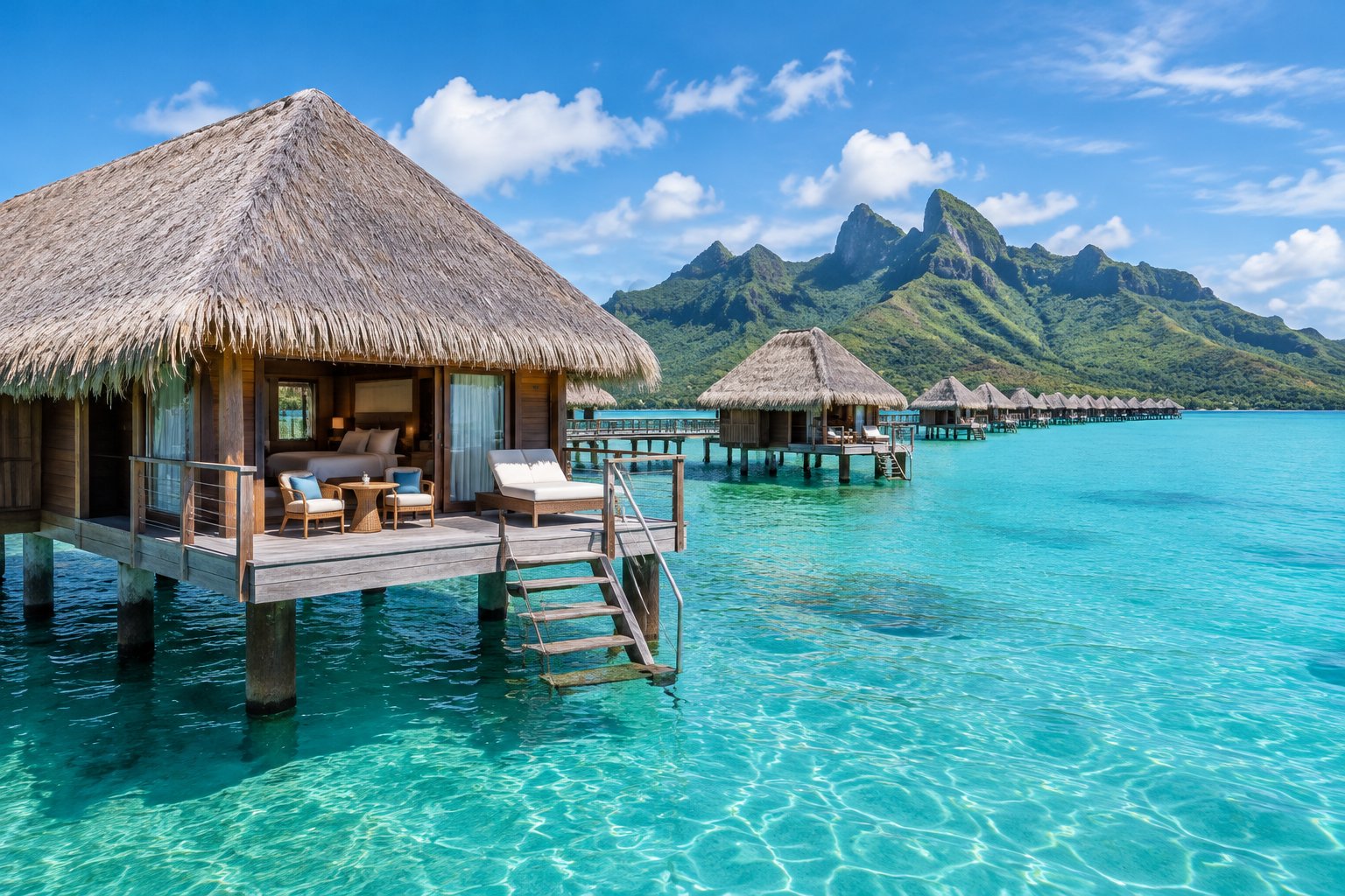 Overwater bungalows on Moorea’s turquoise lagoon with green mountains in the distance.