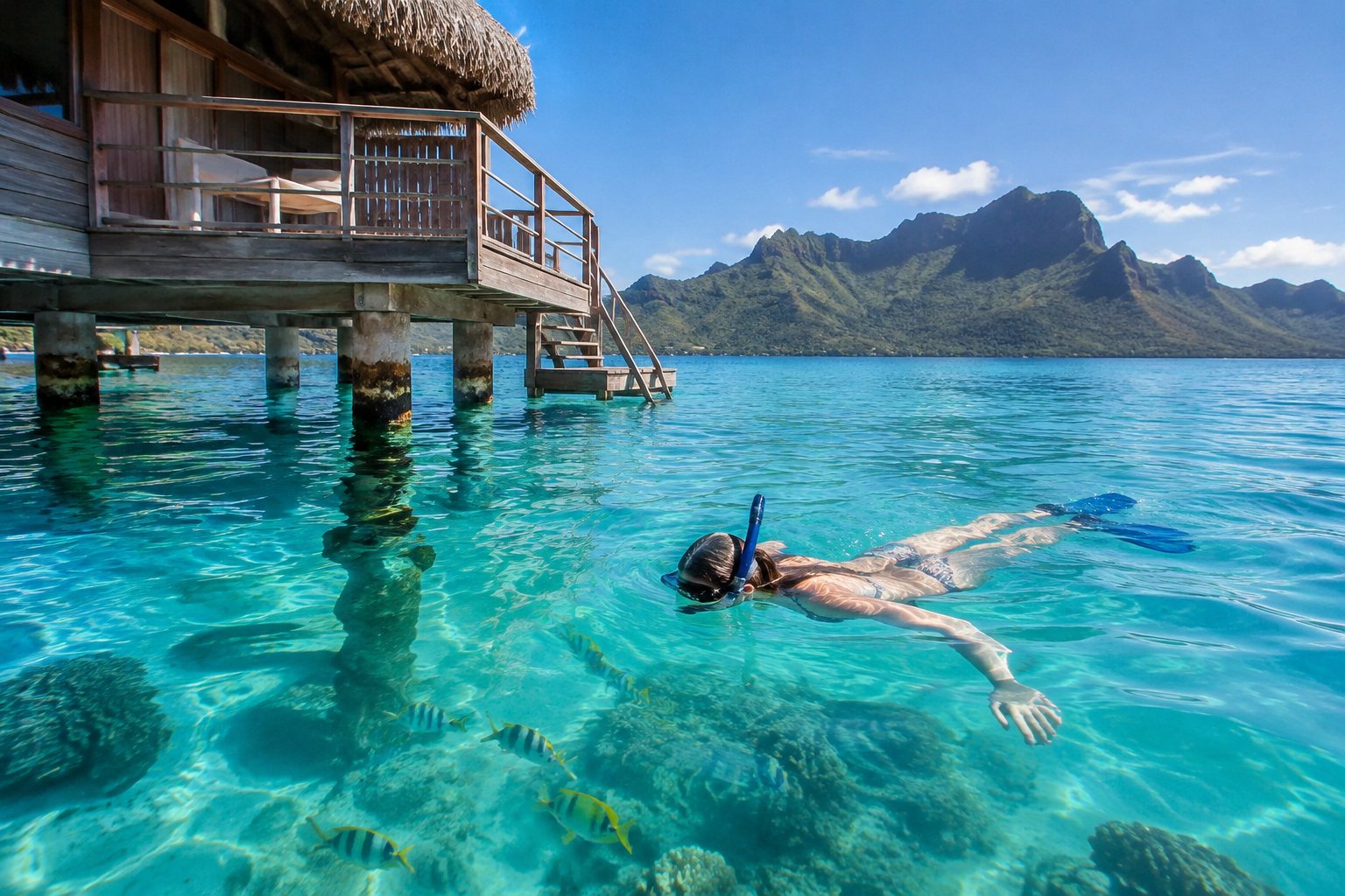 A snorkeler swims beside an overwater bungalow in a clear tropical lagoon.