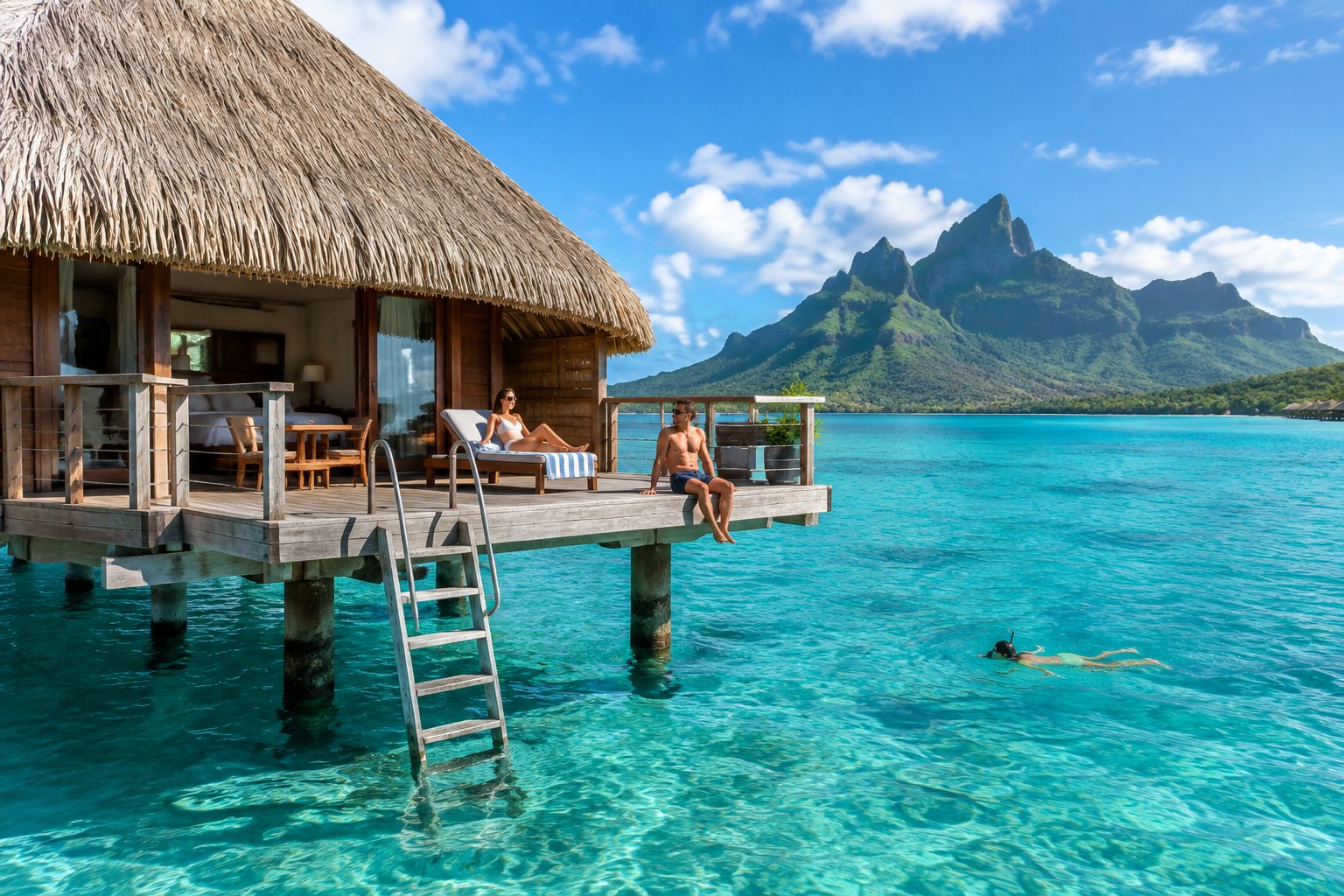 A couple relaxes on an overwater bungalow deck above a turquoise lagoon, with green mountains in the distance.