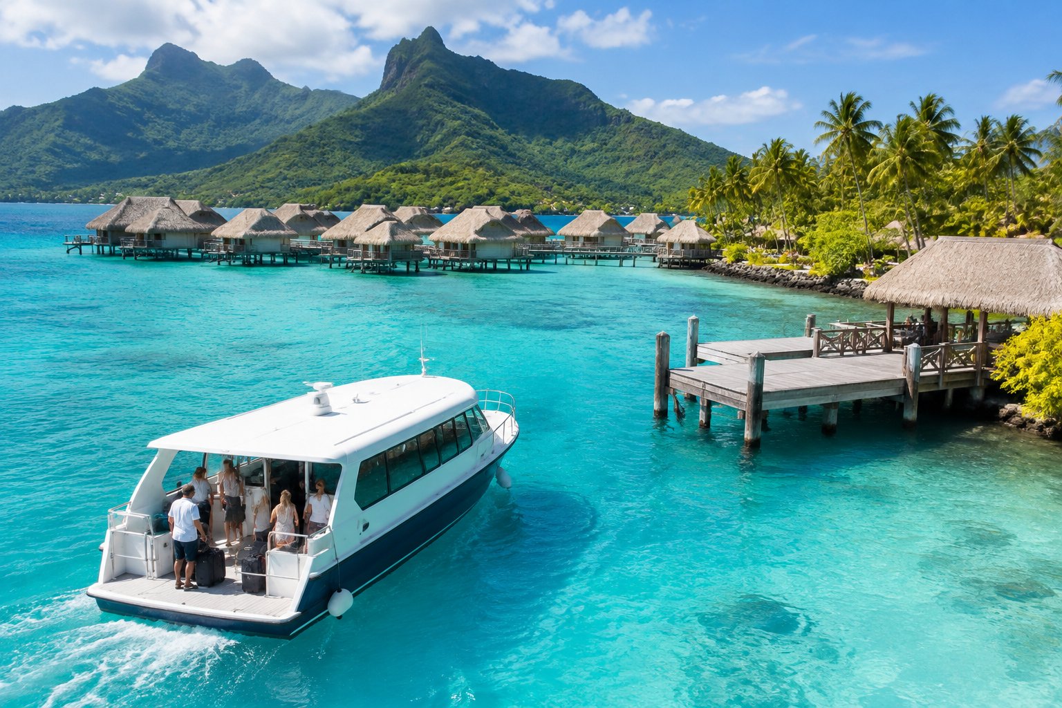 A ferry approaches overwater bungalows beside a lush tropical island.