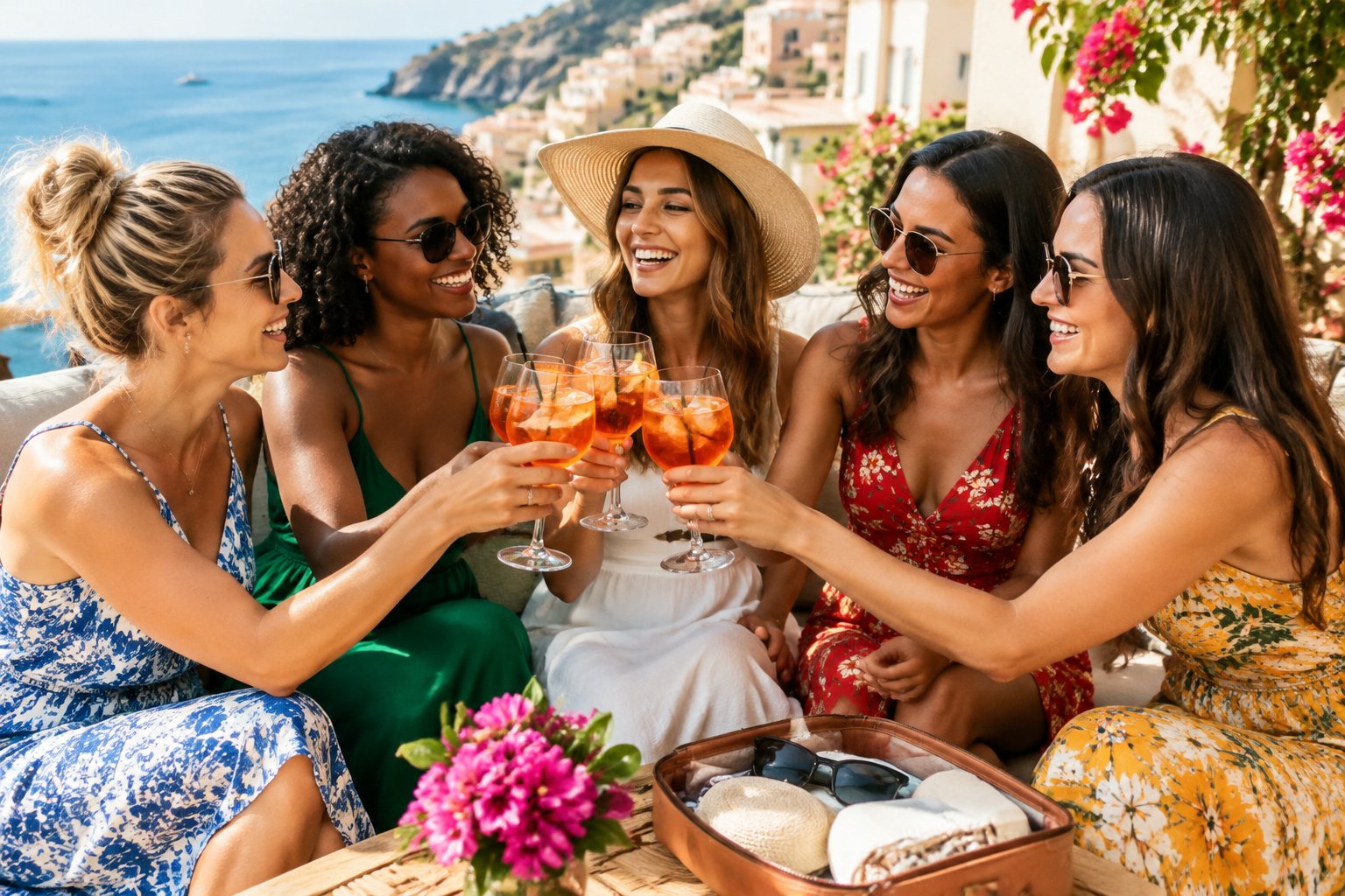 A group of friends celebrating together on a sunny coastal terrace.