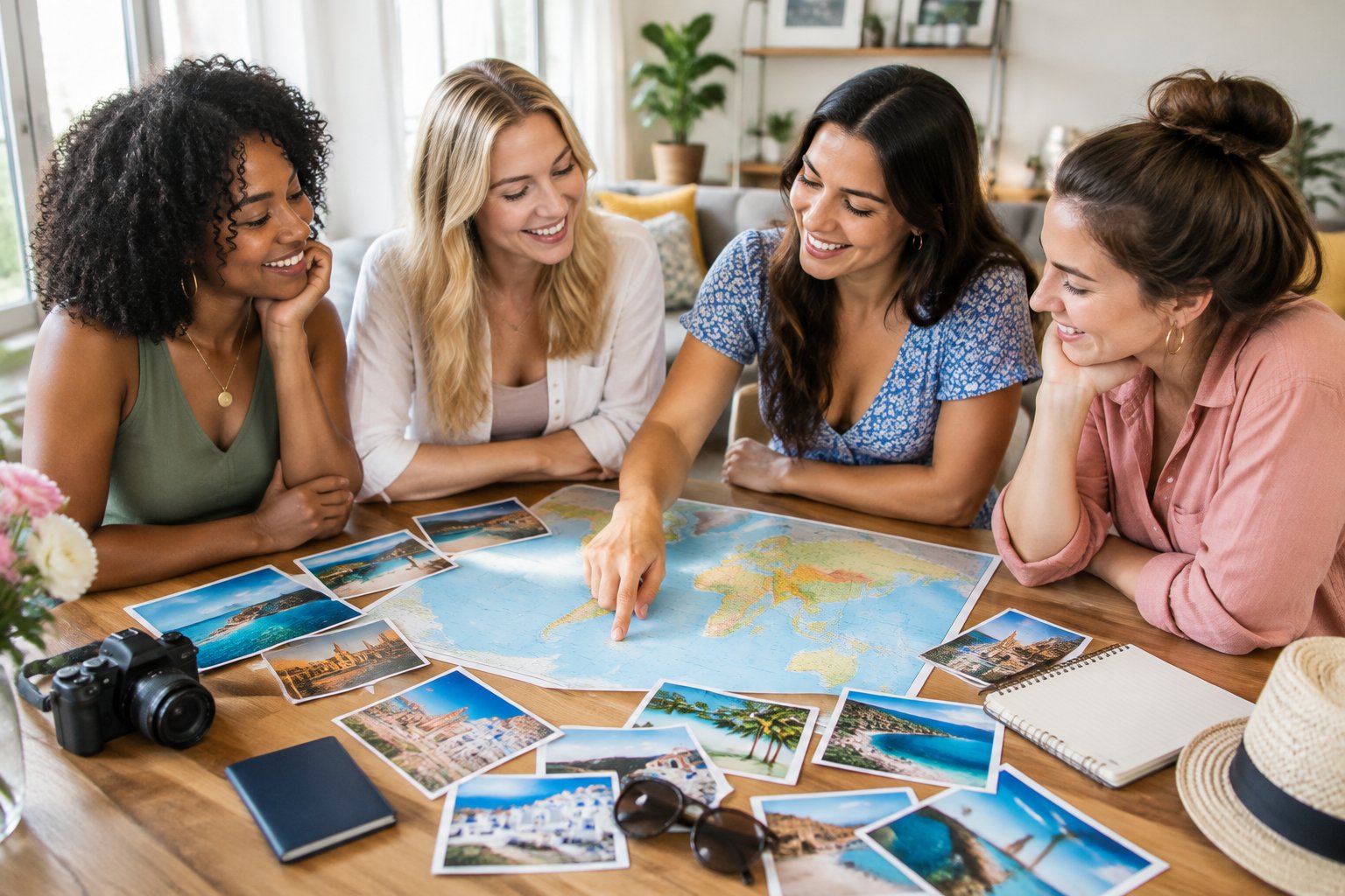Four friends gather around a table to compare travel destinations.