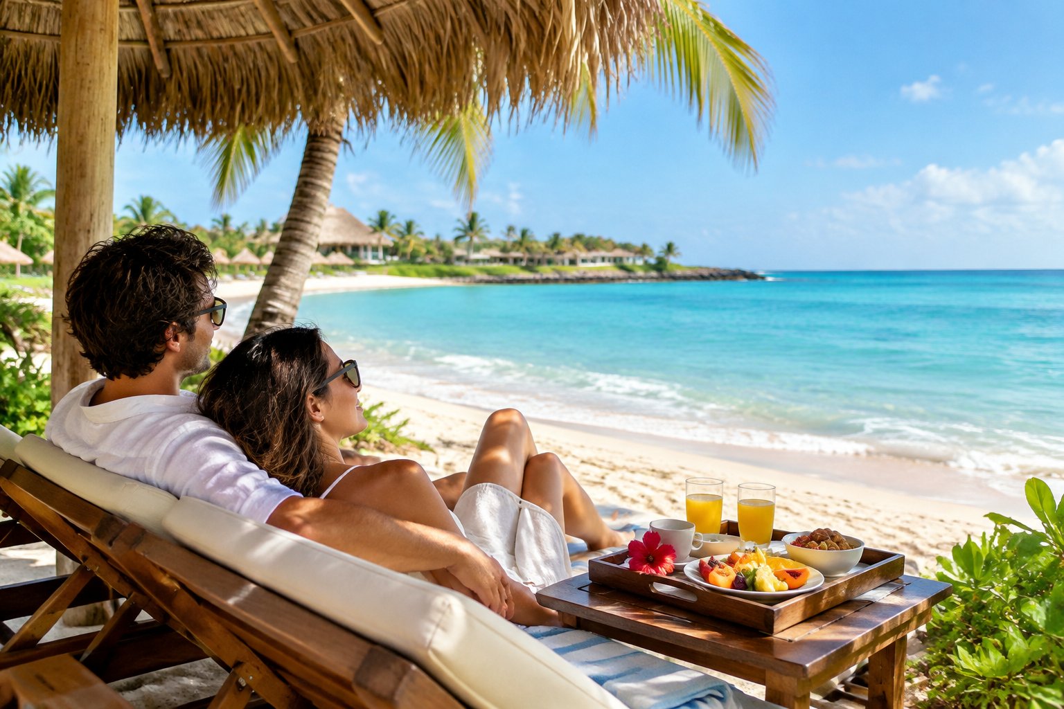 A newlywed couple relaxes together on a tropical beach beside a tray of refreshments.