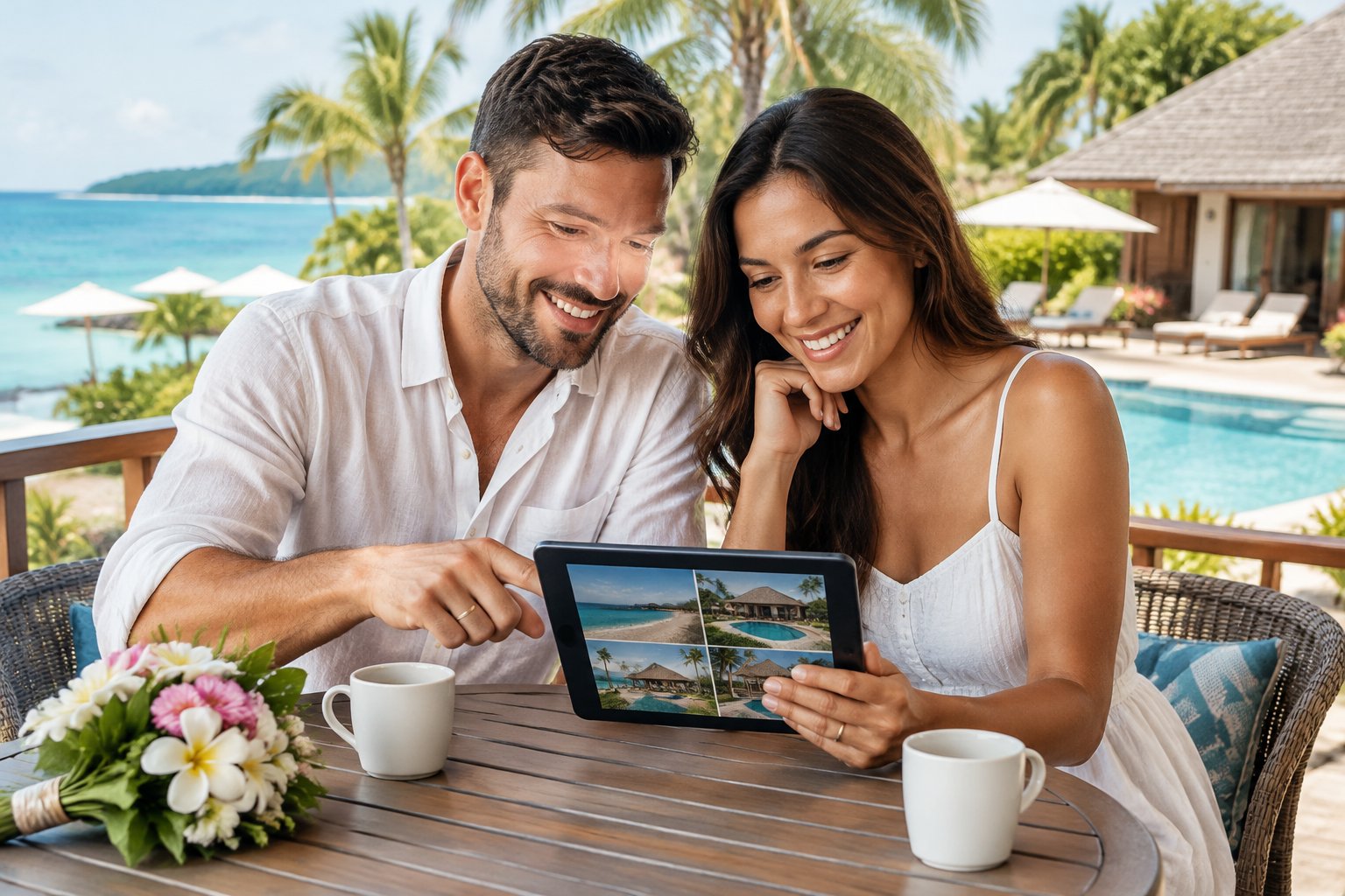A newlywed couple compares resort options at a table overlooking a tropical beach.