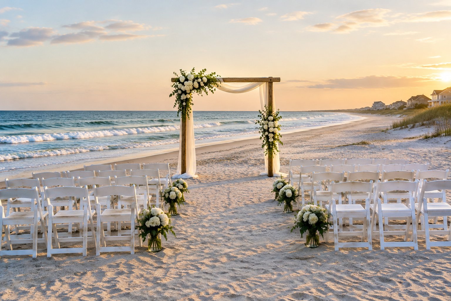 A flower-decorated wedding arch and white chairs set up on a beach beside the ocean.