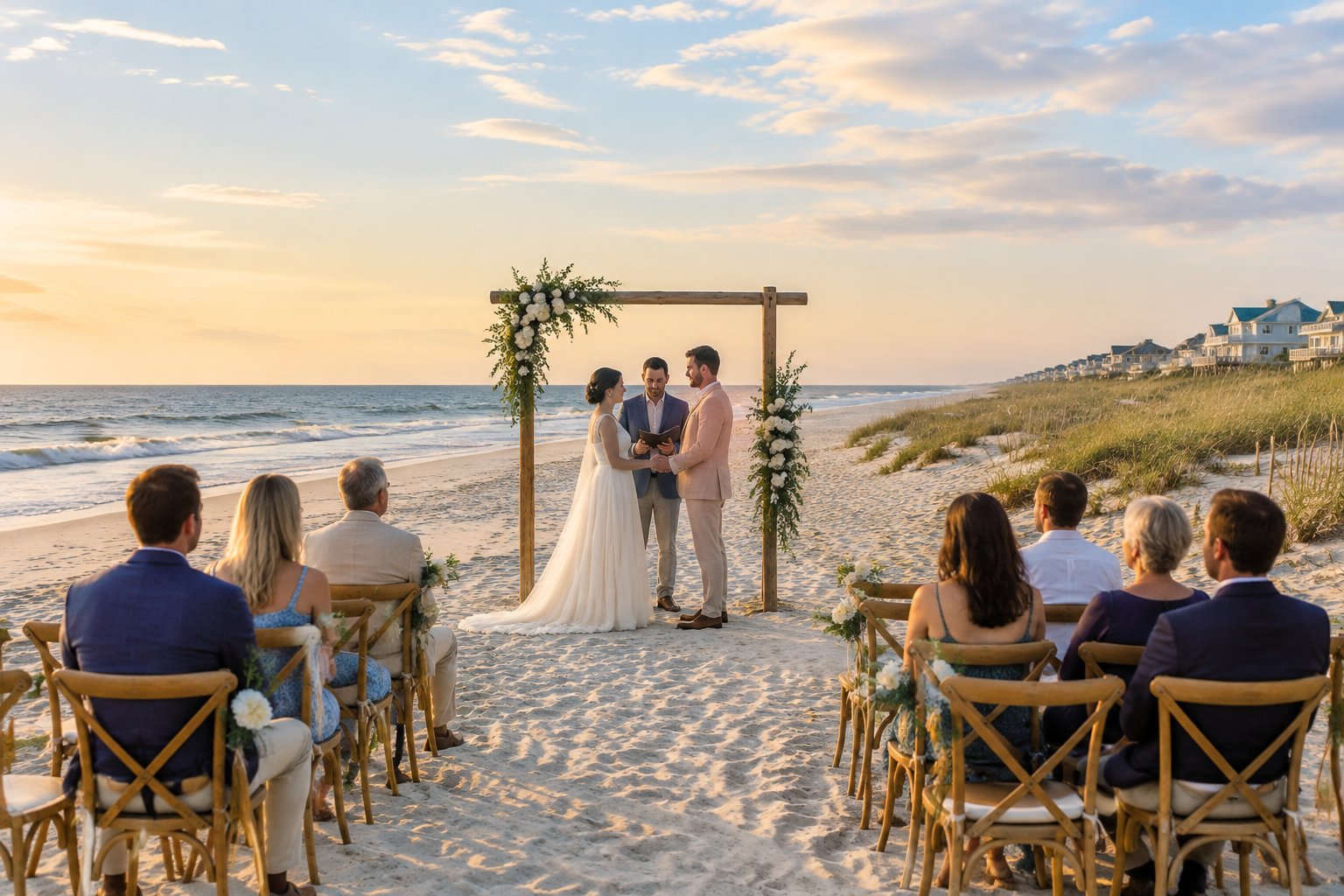 A couple stands beneath a flower-decorated arch at a beach wedding.