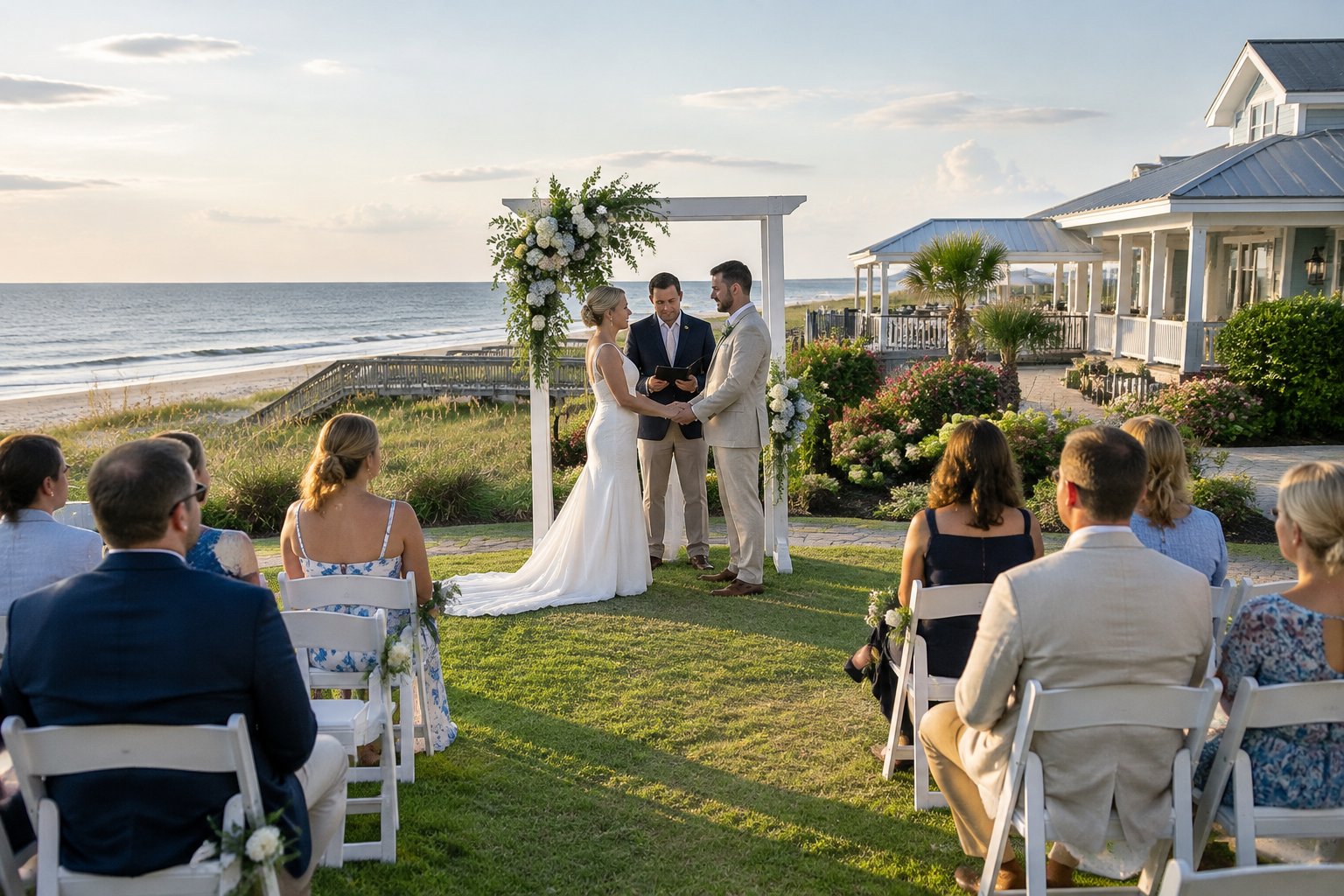 A couple exchanges vows at a seaside resort ceremony with guests seated nearby.