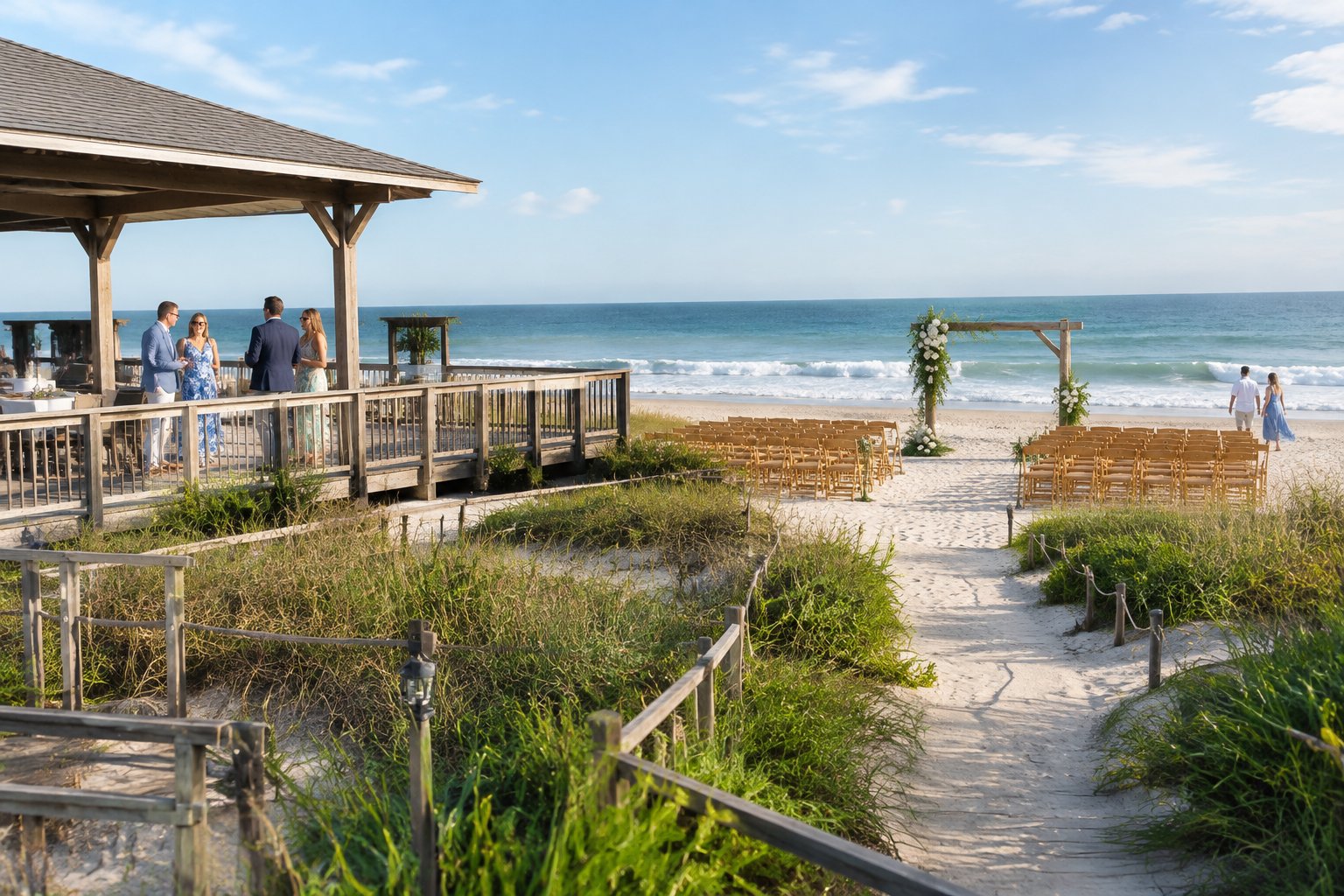 A beachfront wedding ceremony setup beside the ocean, with guests near a covered pavilion.