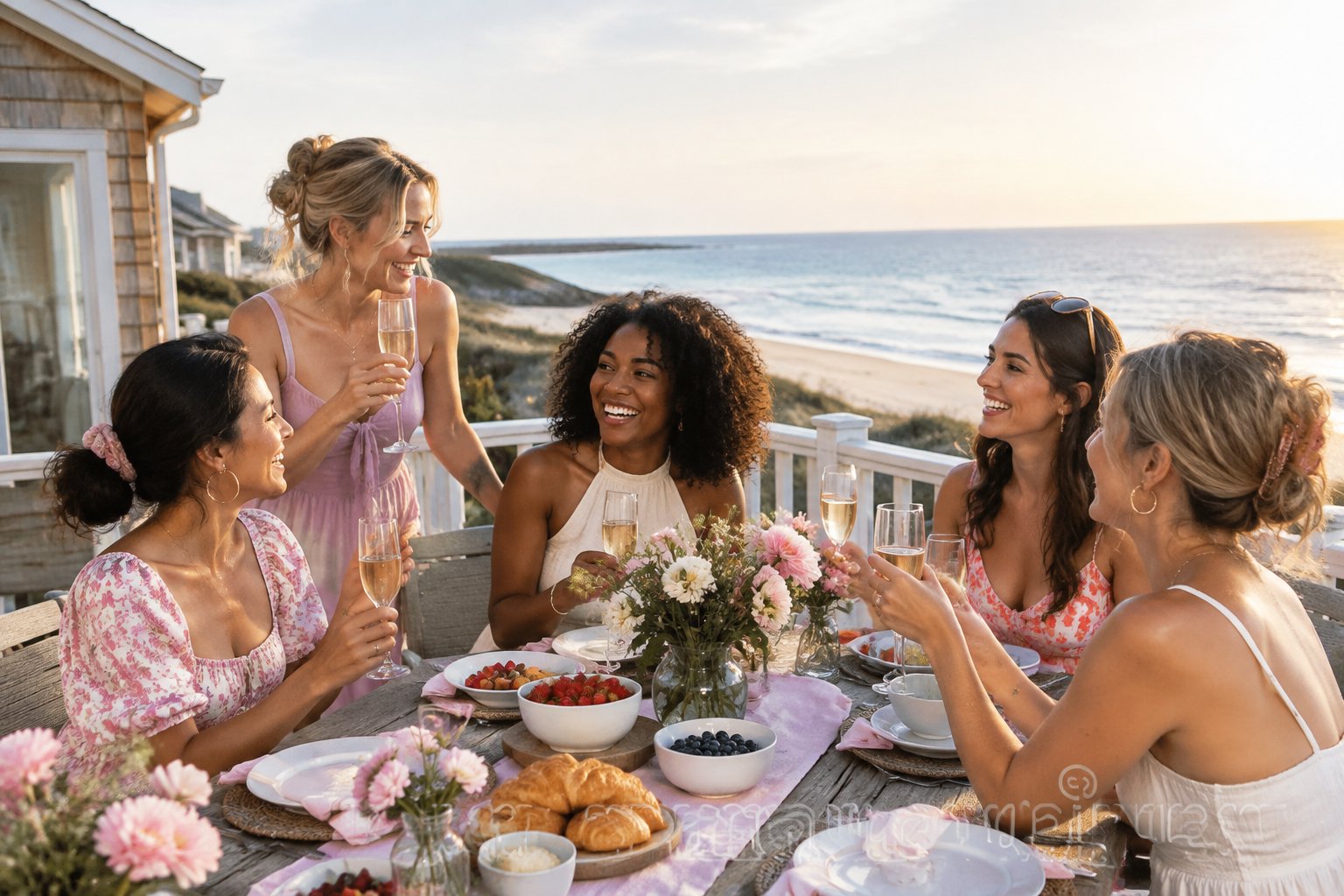A group of friends laughs together over brunch on a sunny coastal terrace.