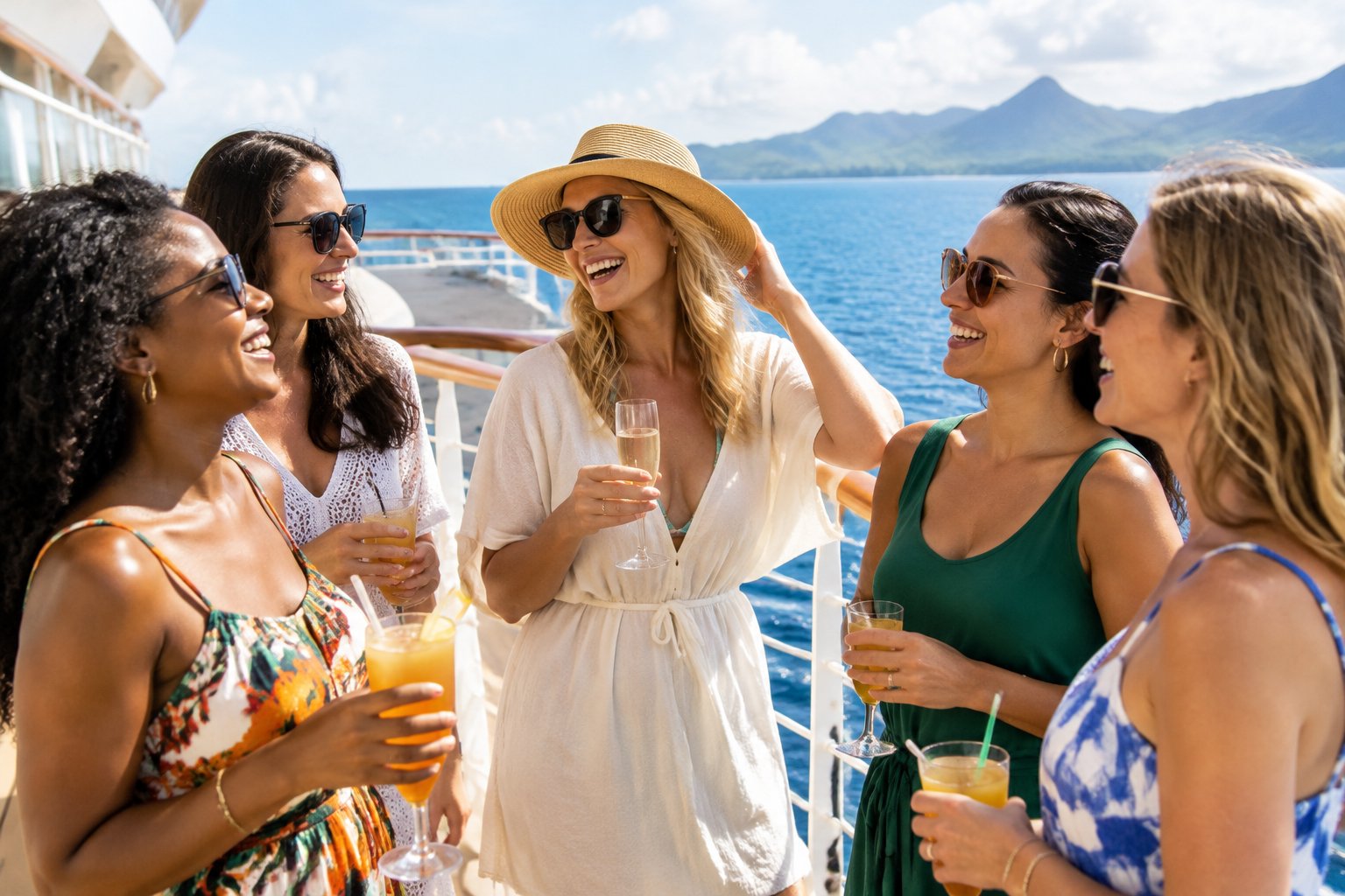 A group of friends celebrating together on a cruise ship deck overlooking the ocean.