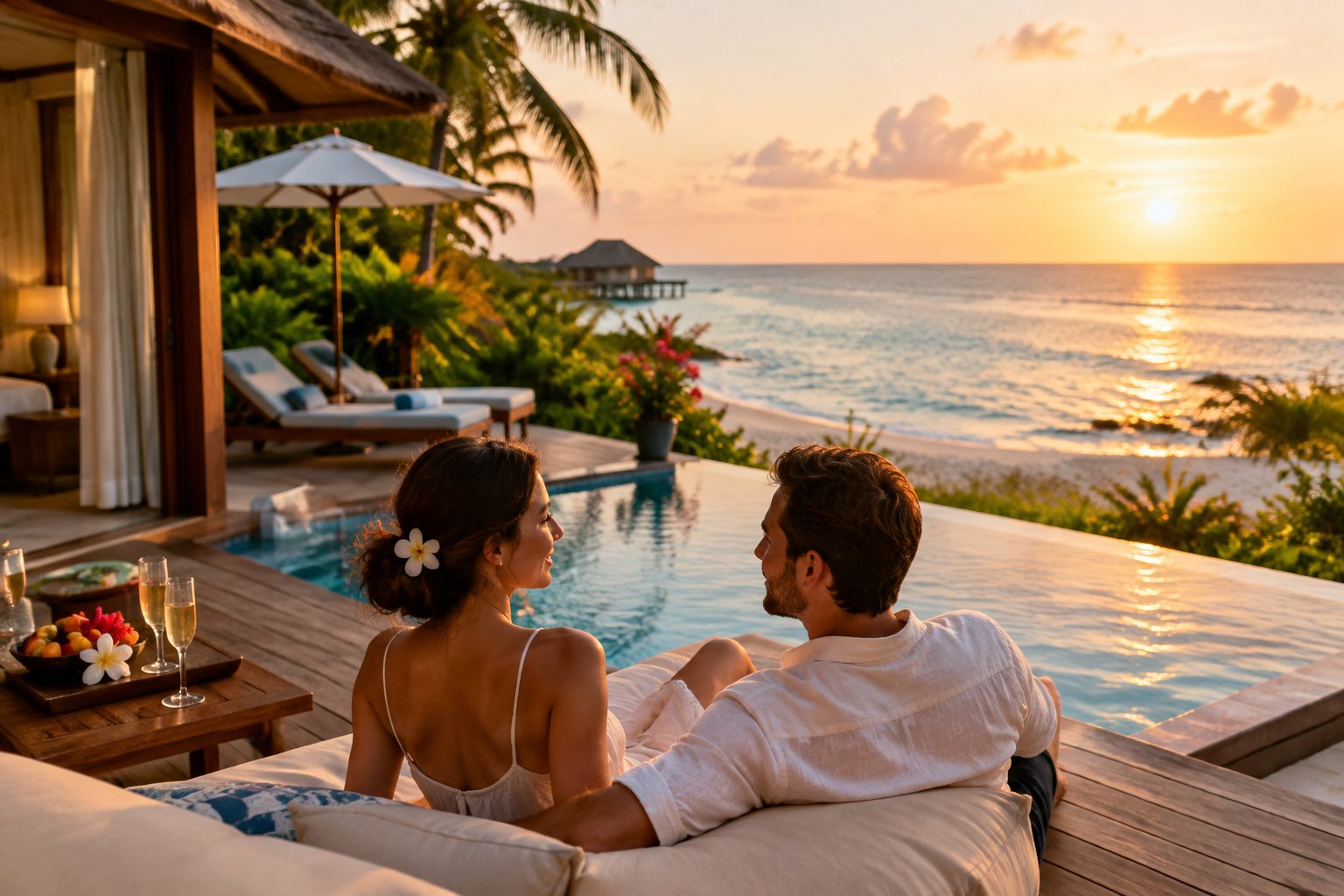 A couple enjoys a quiet sunset together at a tropical resort overlooking the ocean.