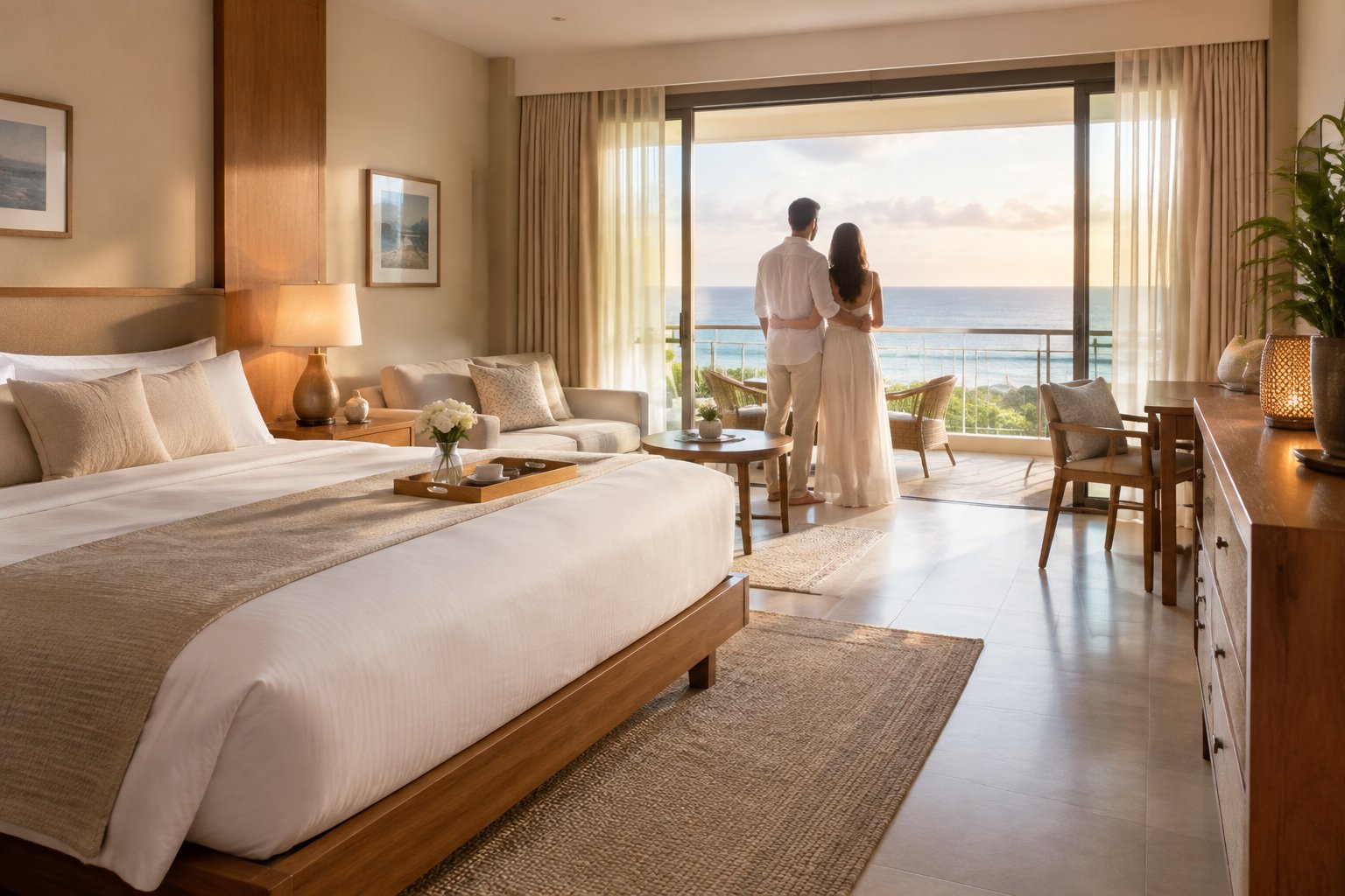 A couple stands together in a hotel room overlooking the ocean.