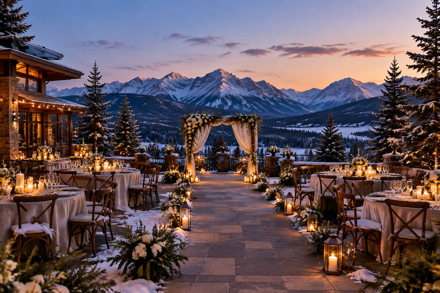 A decorated wedding venue with warmly lit tables near snow-dusted mountains.