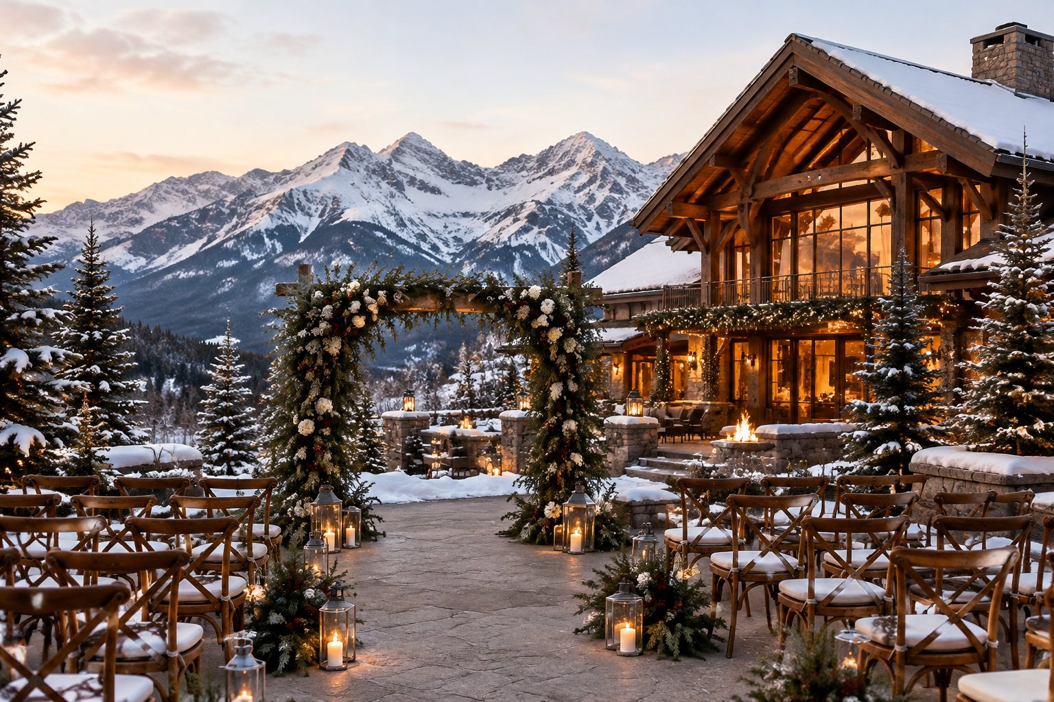 A wedding ceremony setup outside a warmly lit lodge beneath snowy mountain peaks.
