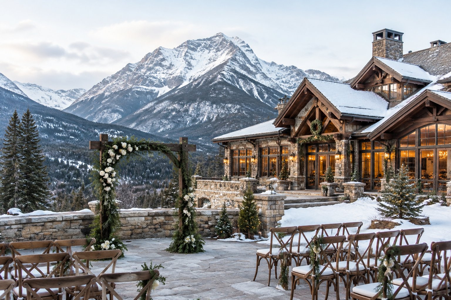 A decorated wedding ceremony space outside a mountain lodge with snowy peaks in the background.