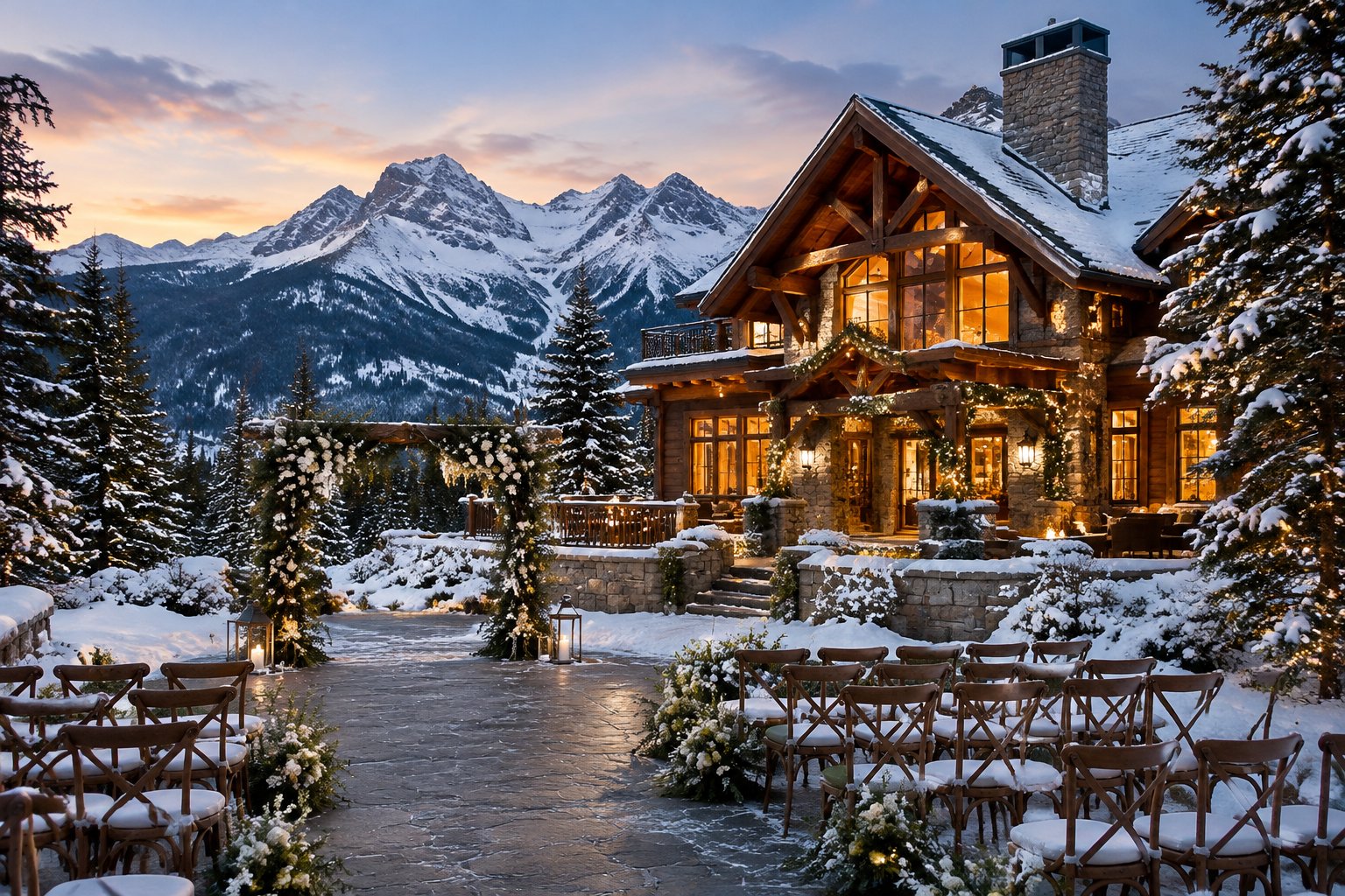 A warmly lit wedding lodge surrounded by snowy mountains and evergreen trees.