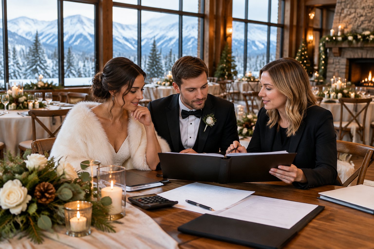 A couple and wedding planner review venue paperwork at a mountain lodge with snowy peaks outside.