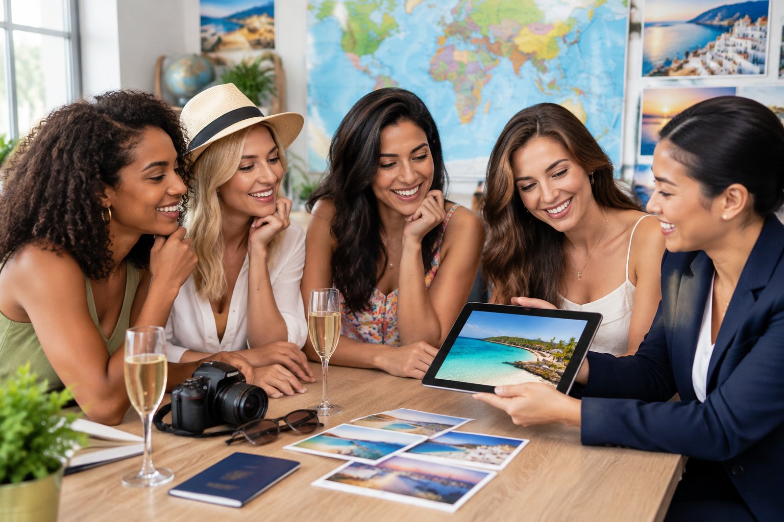 A group of friends plans a celebratory trip with a travel consultant.