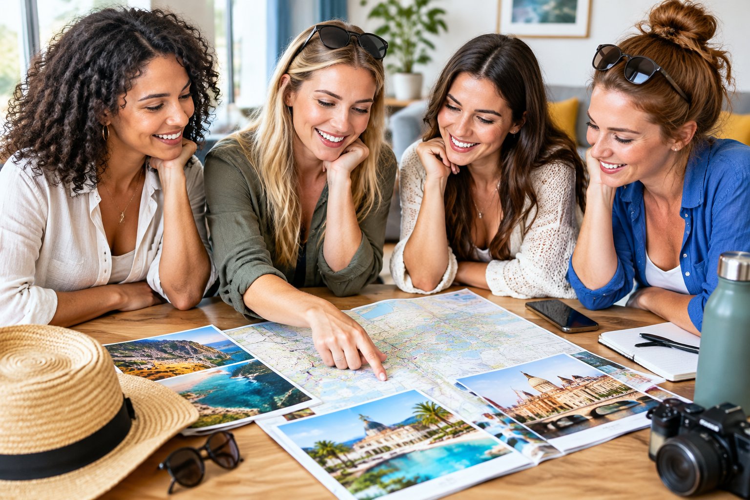 Friends gather around a table to plan a hen party getaway.