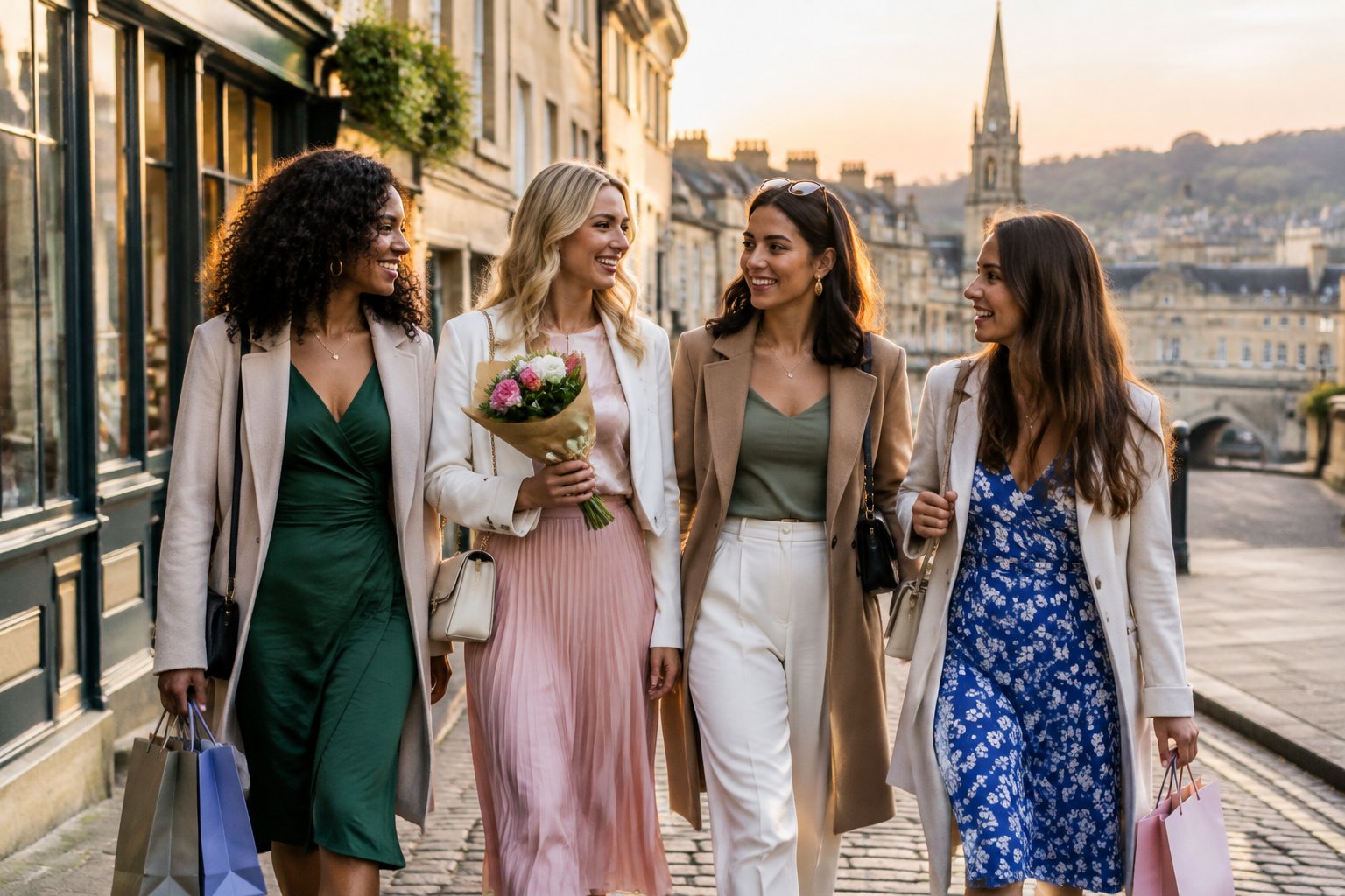 A group of friends strolls together along a historic street in Bath.