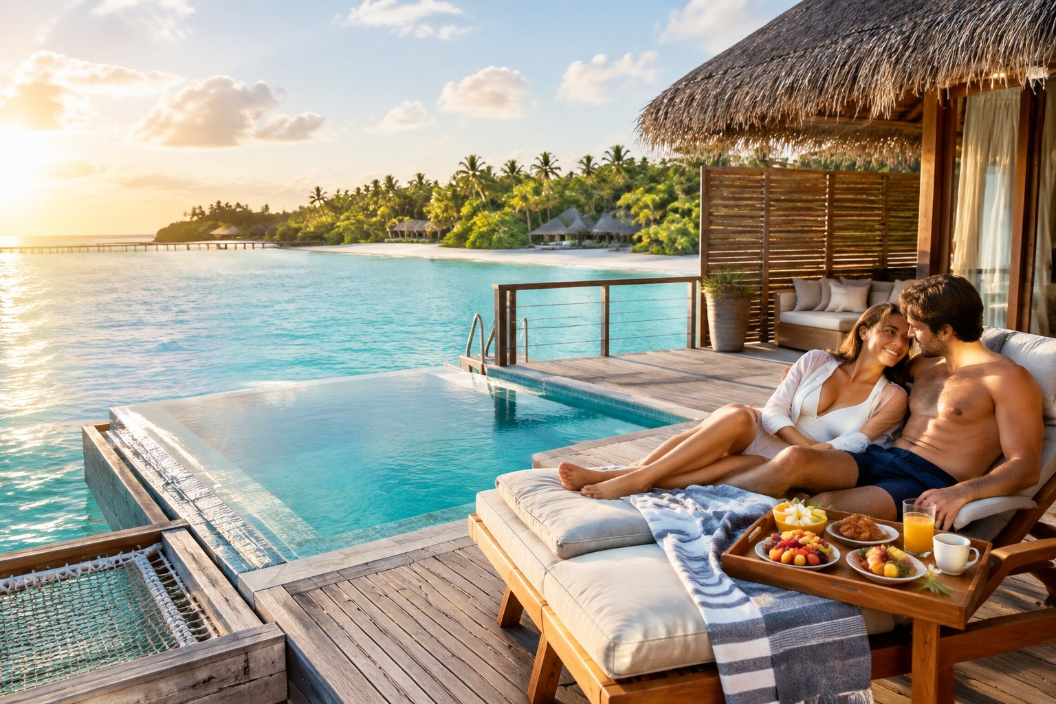 A couple relaxes on a bungalow deck overlooking a tropical lagoon.