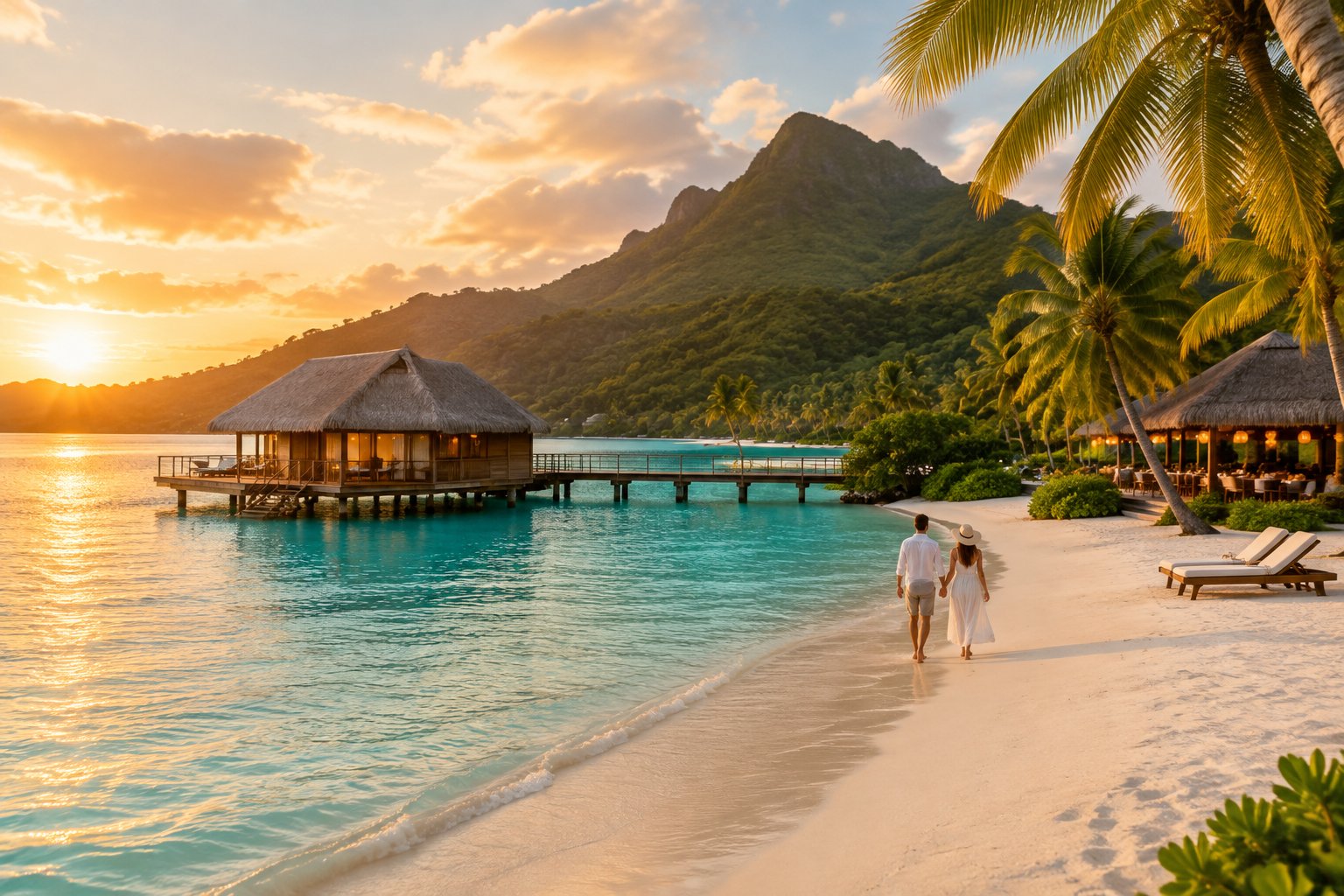 A couple walks along a tropical resort beach beside turquoise water.