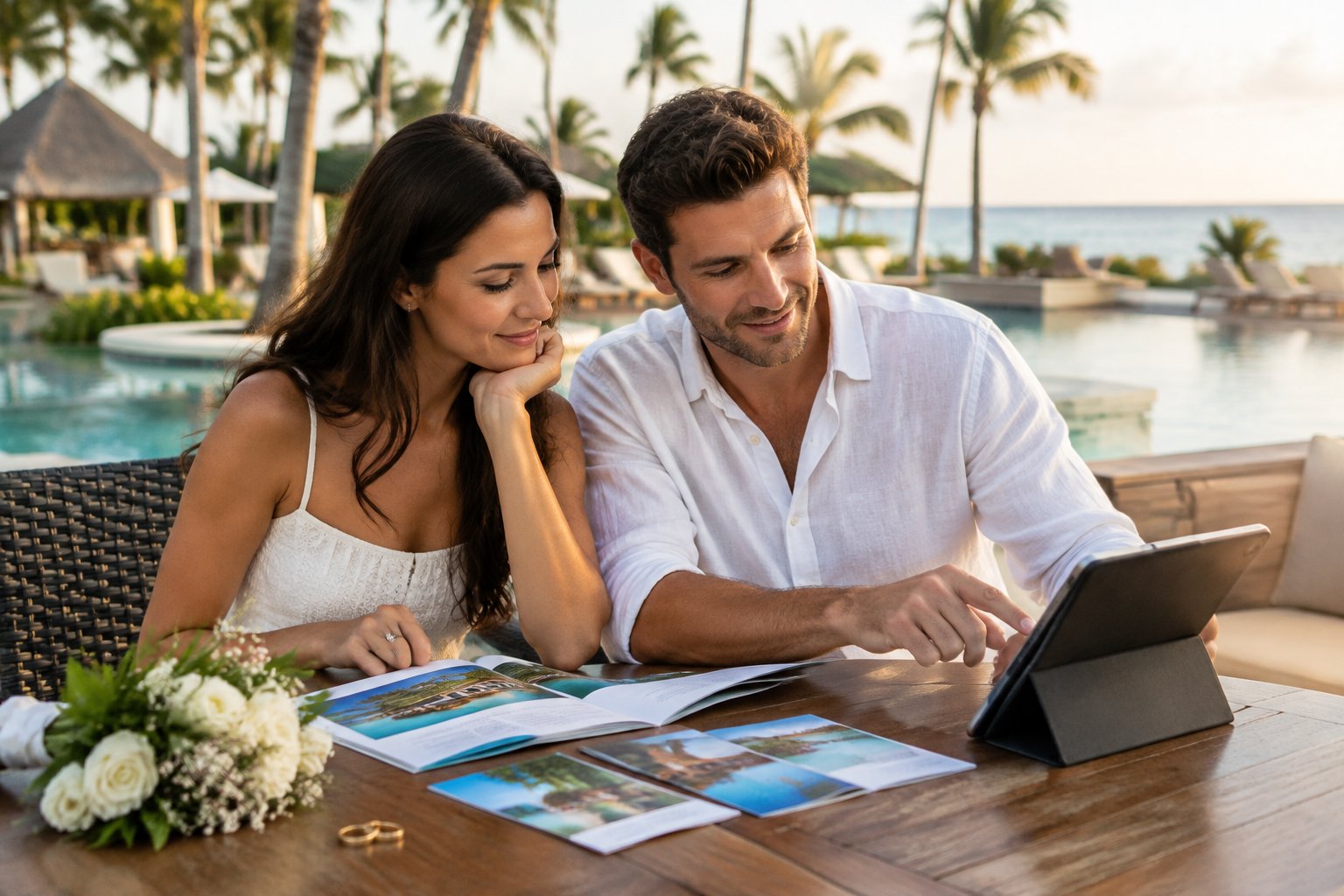 A couple compares resort options at a table beside a tropical pool.