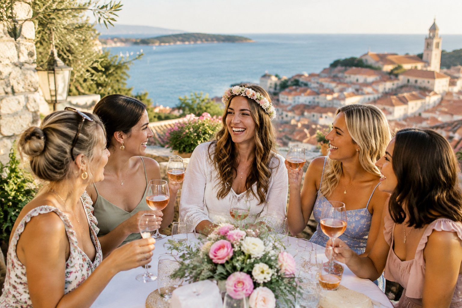 A group of friends celebrates on a terrace overlooking a European coastal town.
