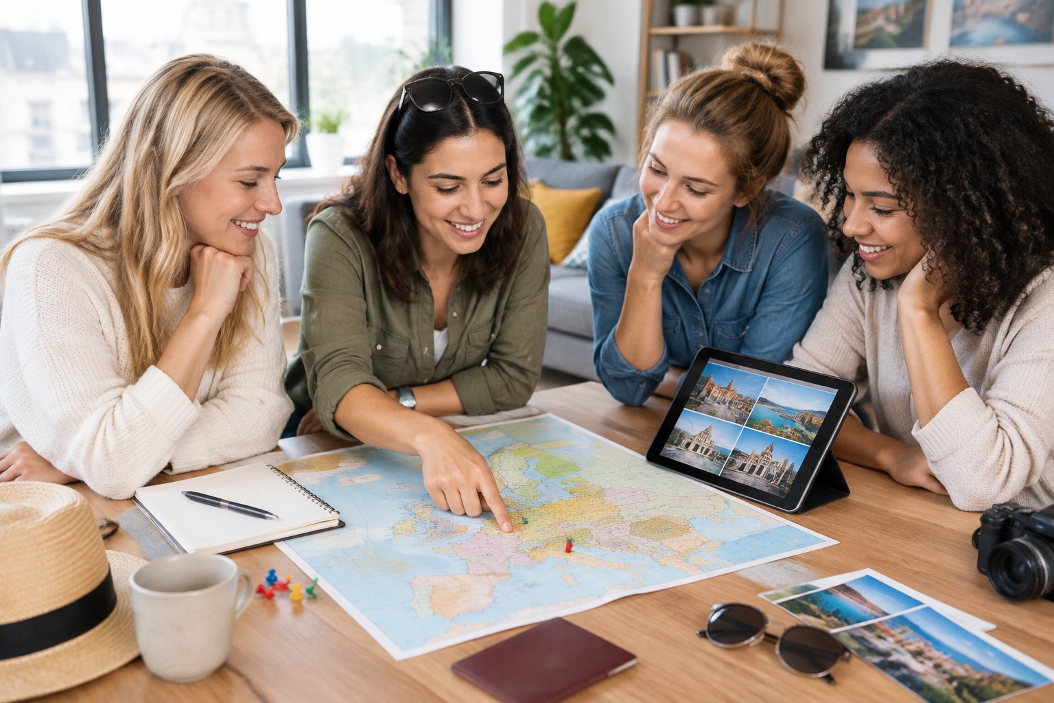 Four friends gather around a table to plan a European getaway.