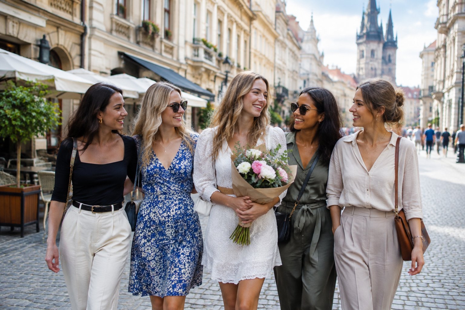 A group of women friends exploring a charming European city street.