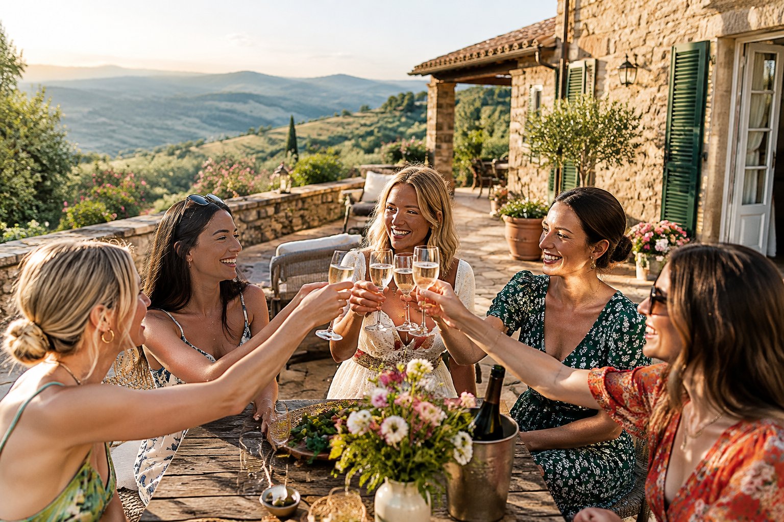 A group of women friends toast together on the terrace of a countryside villa.