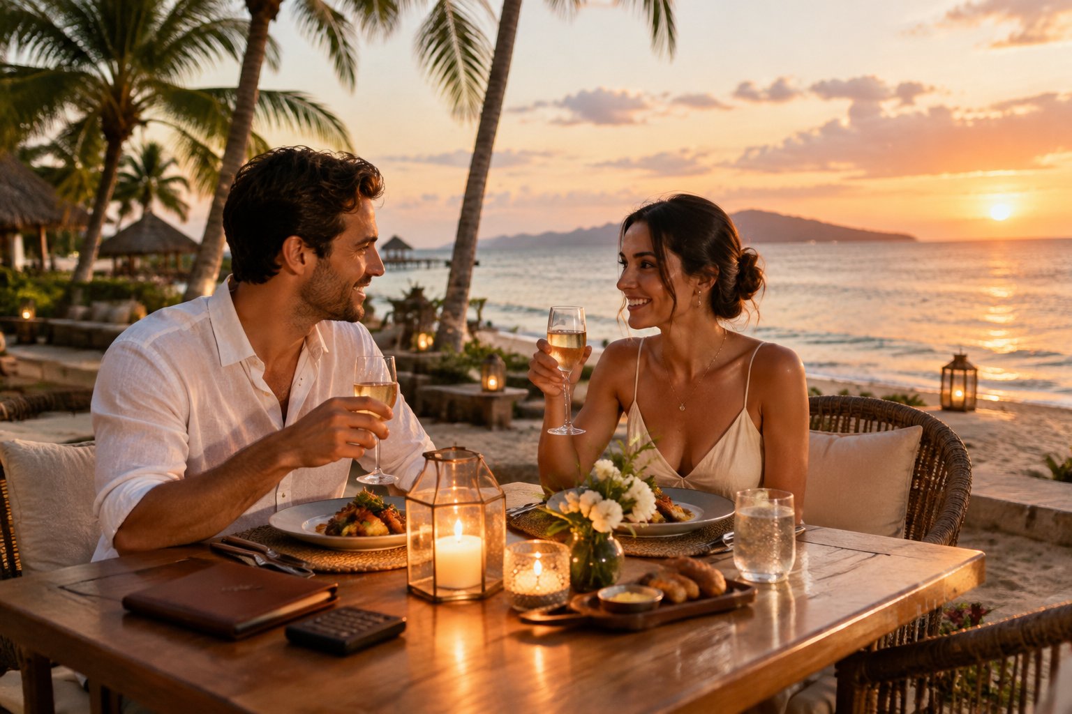 A newlywed couple shares a candlelit dinner by the ocean at a tropical resort.