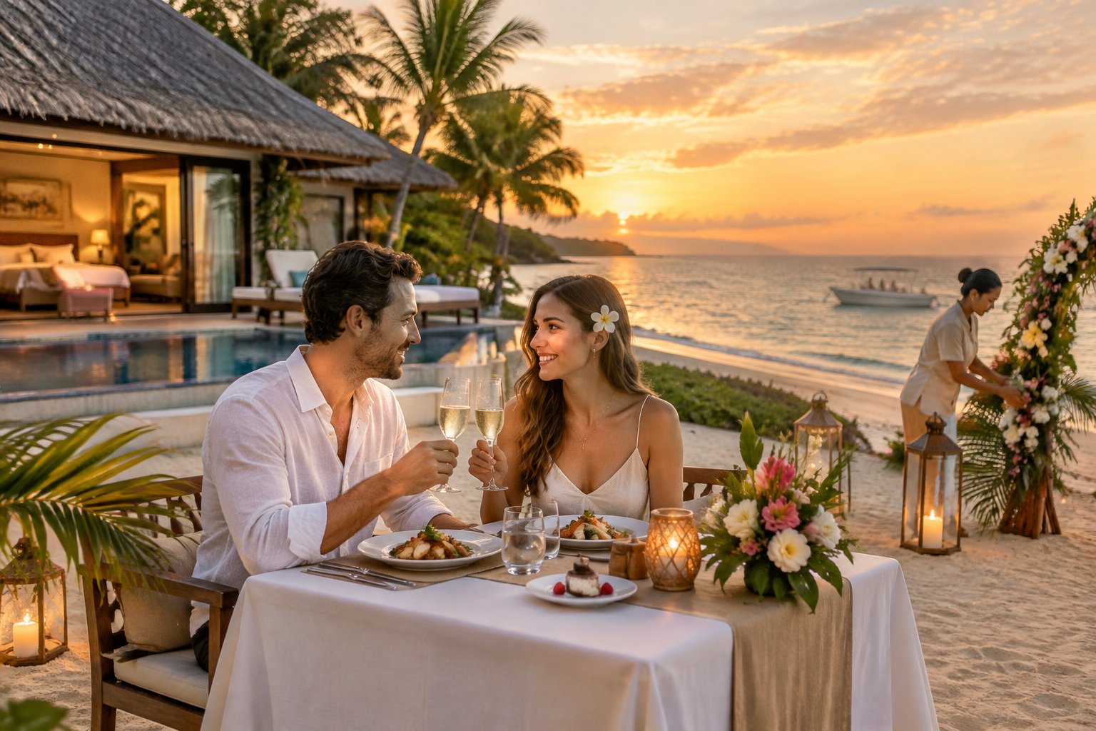 A newlywed couple shares a beachfront dinner at a tropical resort.