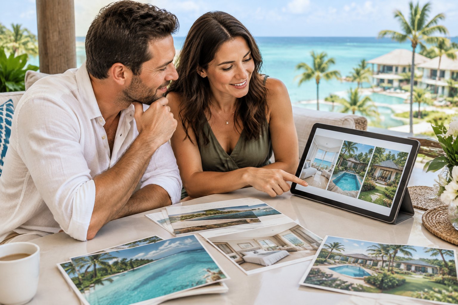 A couple reviews resort room options together at a tropical hotel.