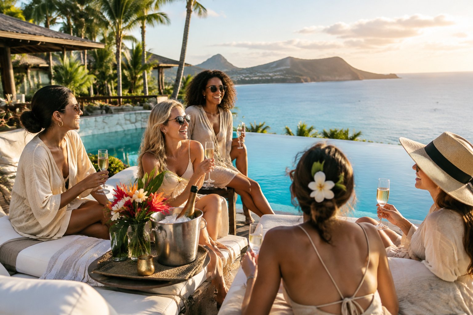 A group of women celebrating beside a resort infinity pool overlooking the ocean.