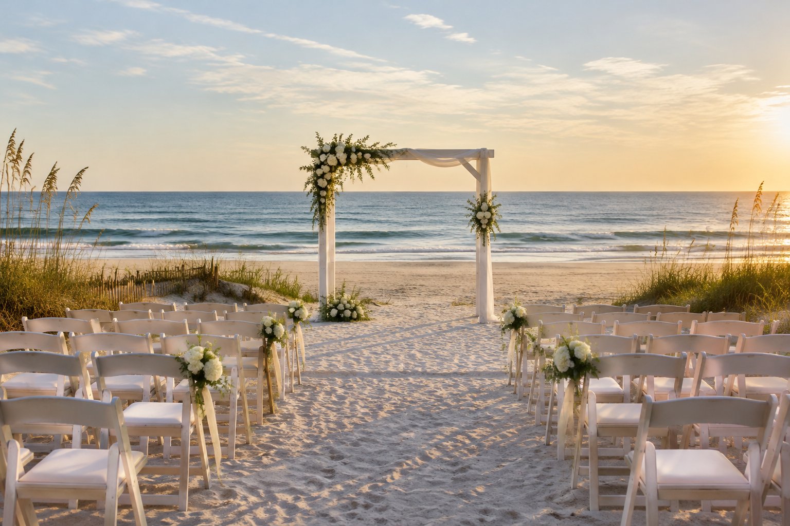 A wedding ceremony setup on a sandy beach beside the ocean.