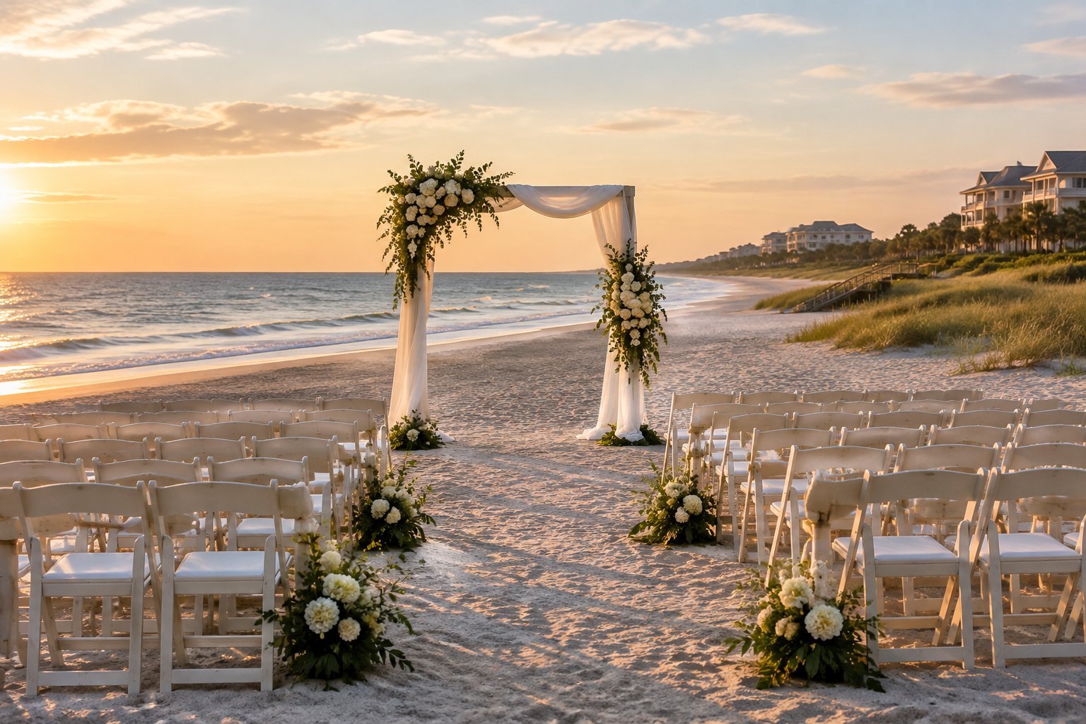 A beach wedding ceremony setup with white chairs facing the ocean beside a beachfront resort.