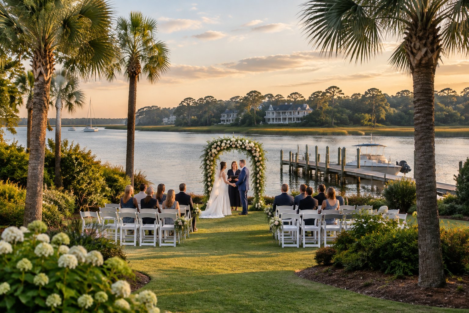 A wedding ceremony setup on a grassy waterfront beside a calm creek.