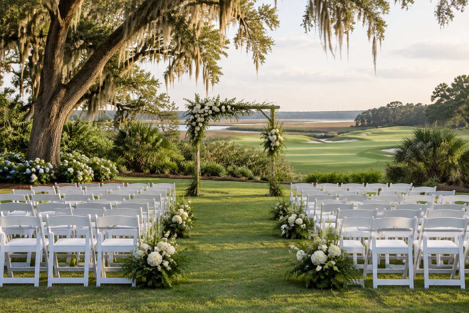A garden wedding ceremony setup on a lawn beside a golf course.