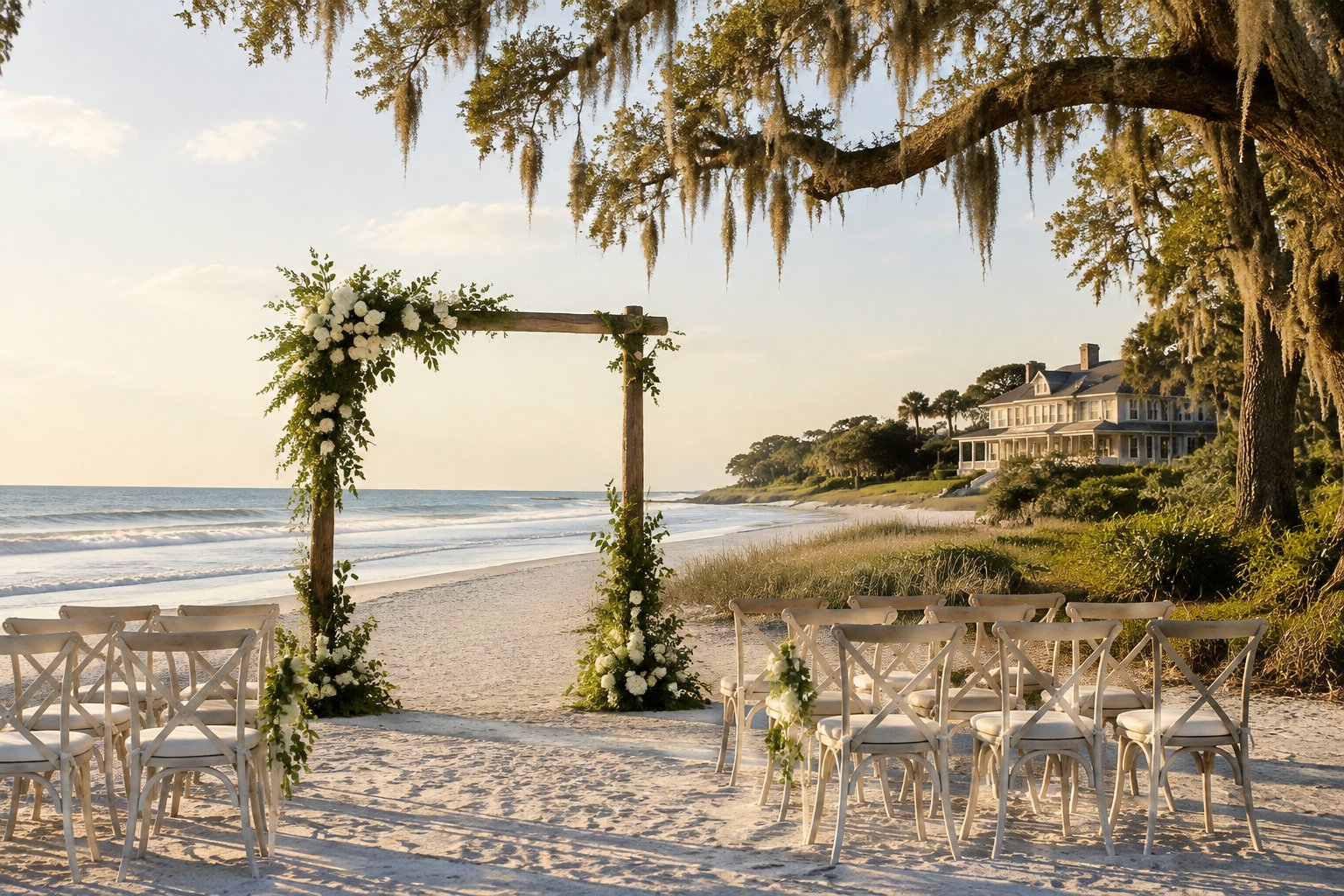 A beach wedding ceremony setup with an ocean view and a Lowcountry home in the background.