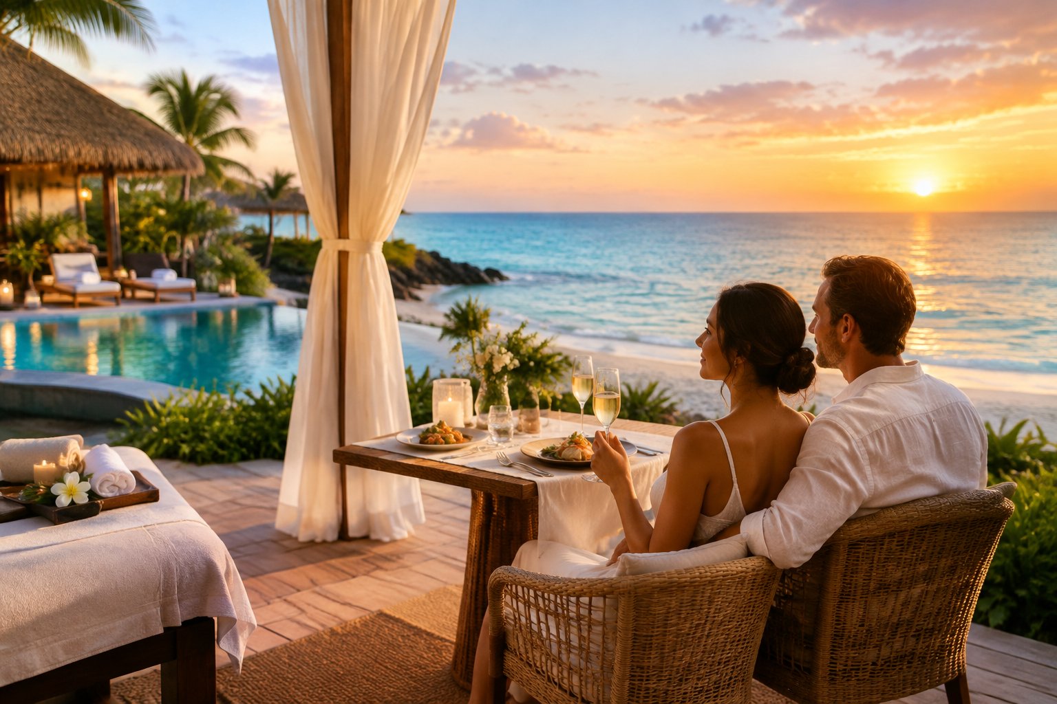 A newlywed couple shares a meal at a tropical beachfront resort.