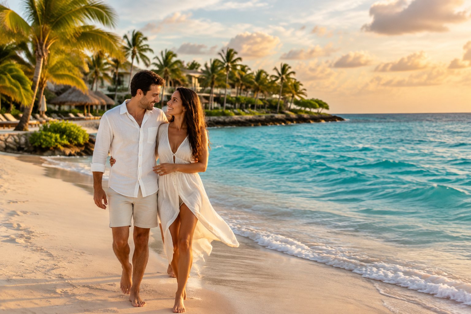A couple walks hand in hand along a sunny tropical beach beside a luxury resort.