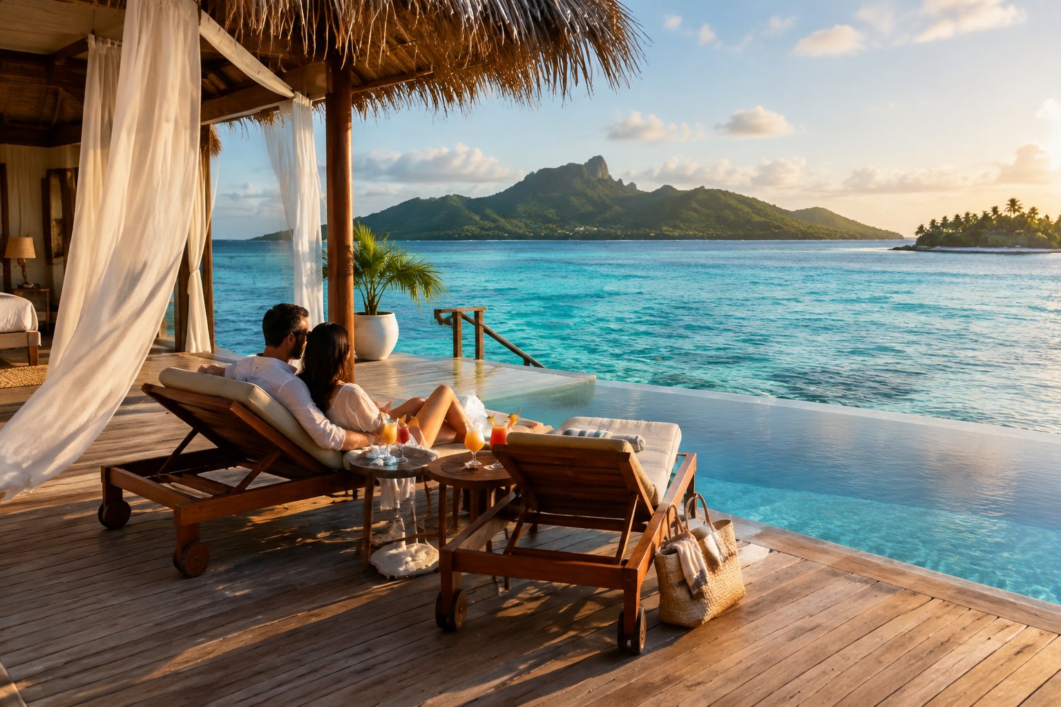 A couple relaxes on a resort deck overlooking the turquoise Caribbean Sea.