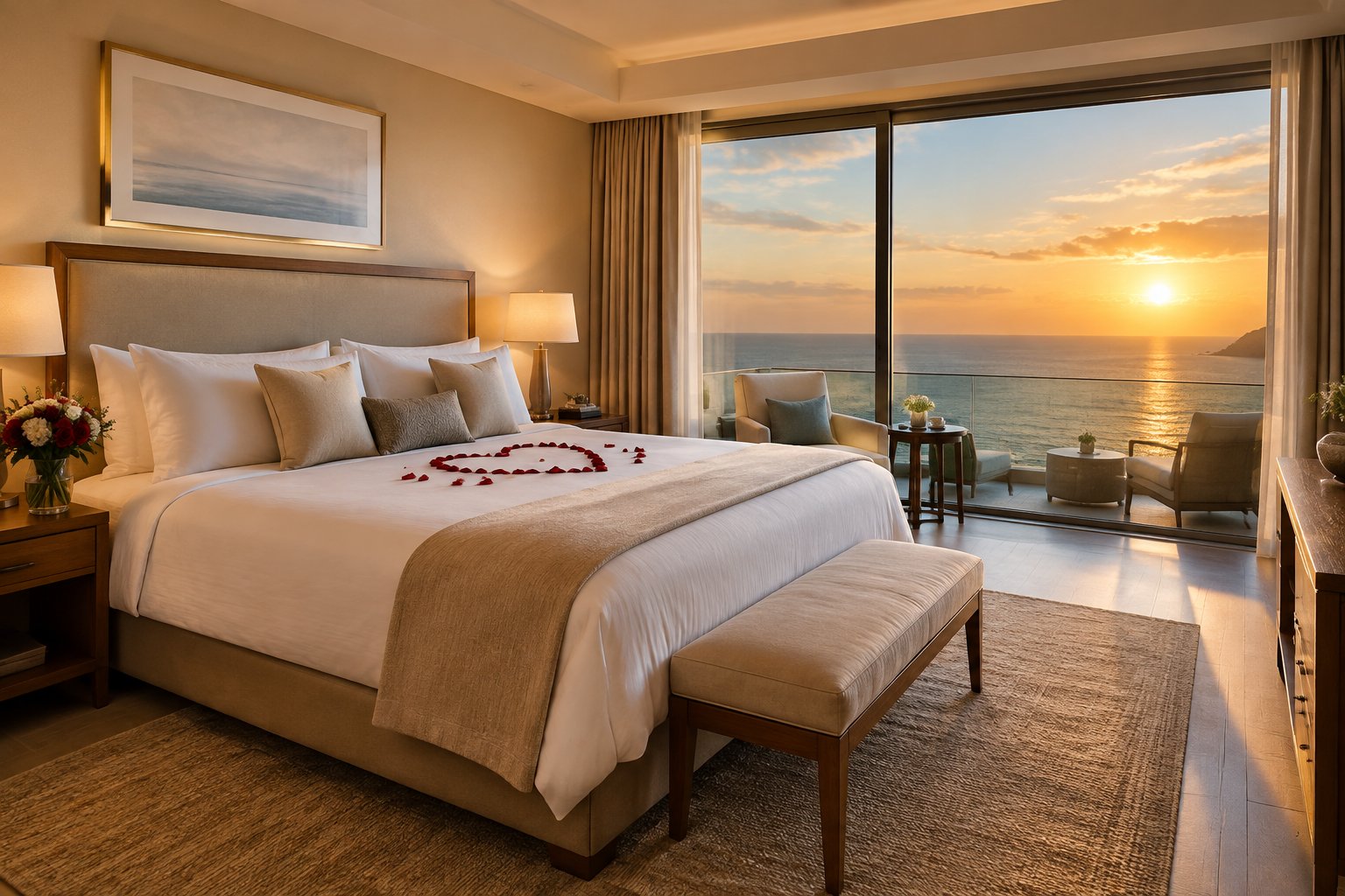 A king-size bed in a honeymoon hotel room overlooking the ocean.